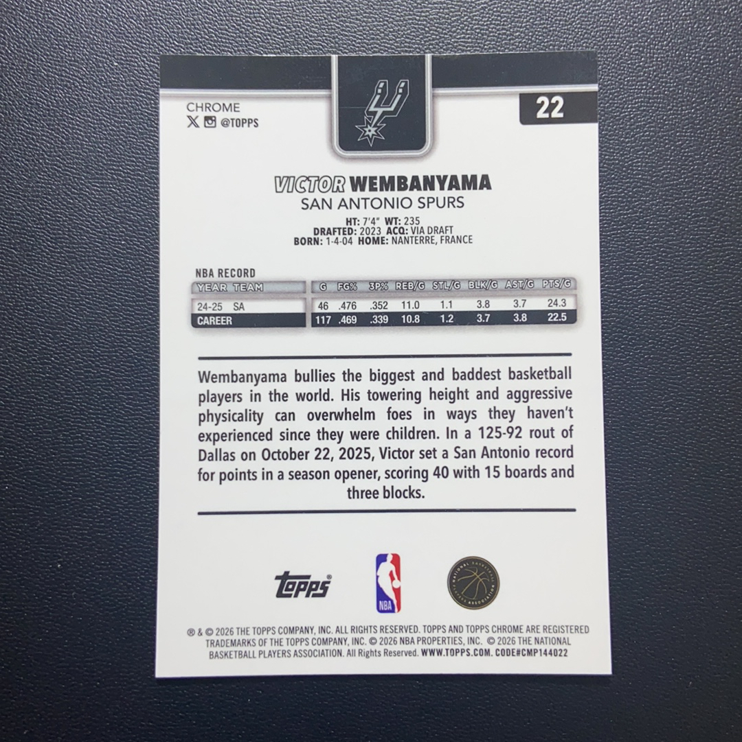 【小牛代拍】2026 Topps chrome update Victor Wembanyama 马刺队 文班亚马 base 只合并当日订单卡品如图(男)