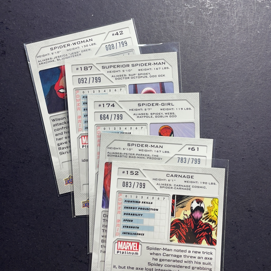 2025 Upper Deck Marvel (MCU) Platinum白金 蜘蛛侠 蜘蛛女侠 屠杀 蜘蛛女孩 青波纹折射799编5张打包 序号如图2 2024 UD漫威漫画铂金 UD折射元年绝版系