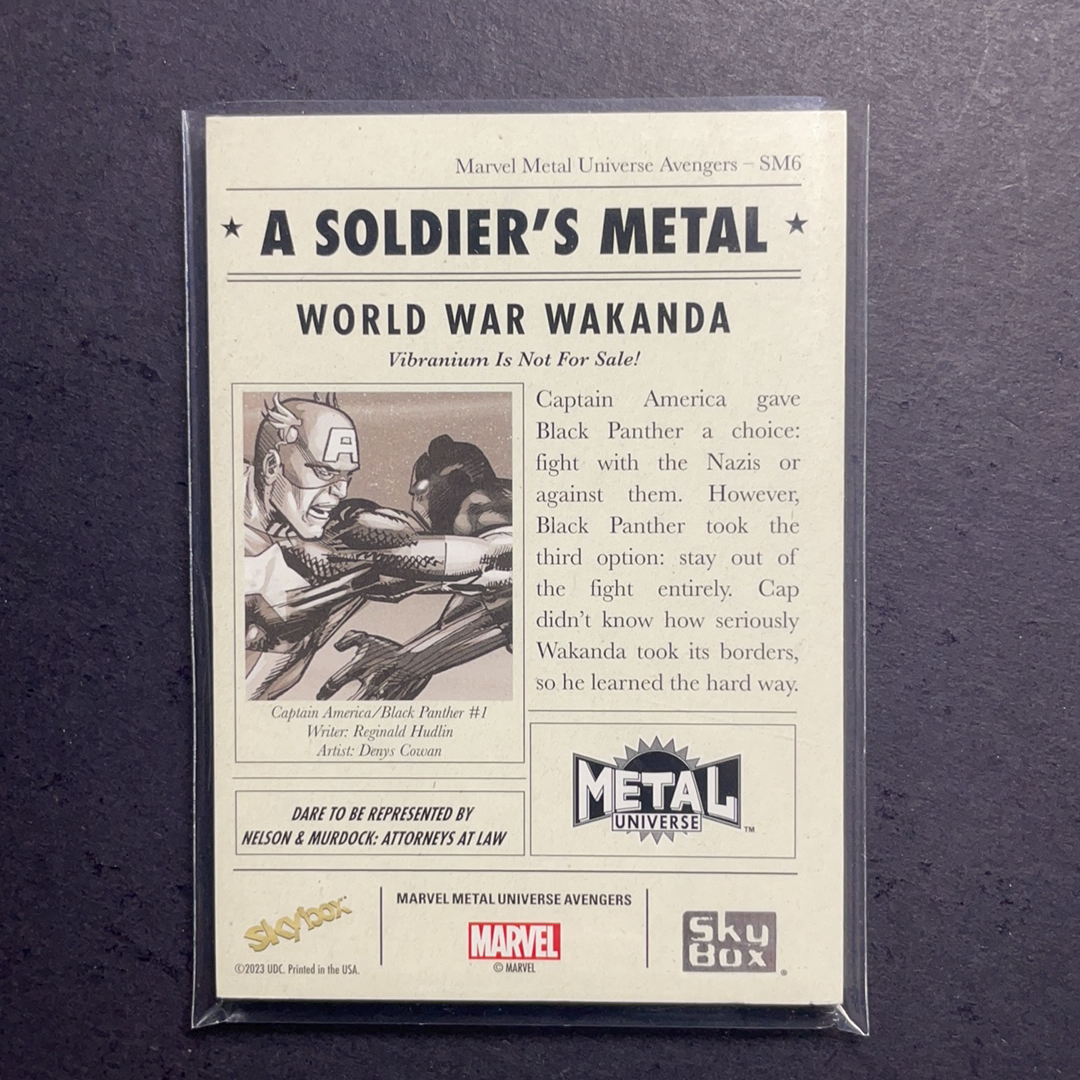 2024 SkyBox Marvel (MCU) 复仇者联盟 美国队长vs黑豹 大比例插放 箱货 战士的徽章沙盒特卡 序号SM6 2024 UD漫威漫画Metal Universe复联系列