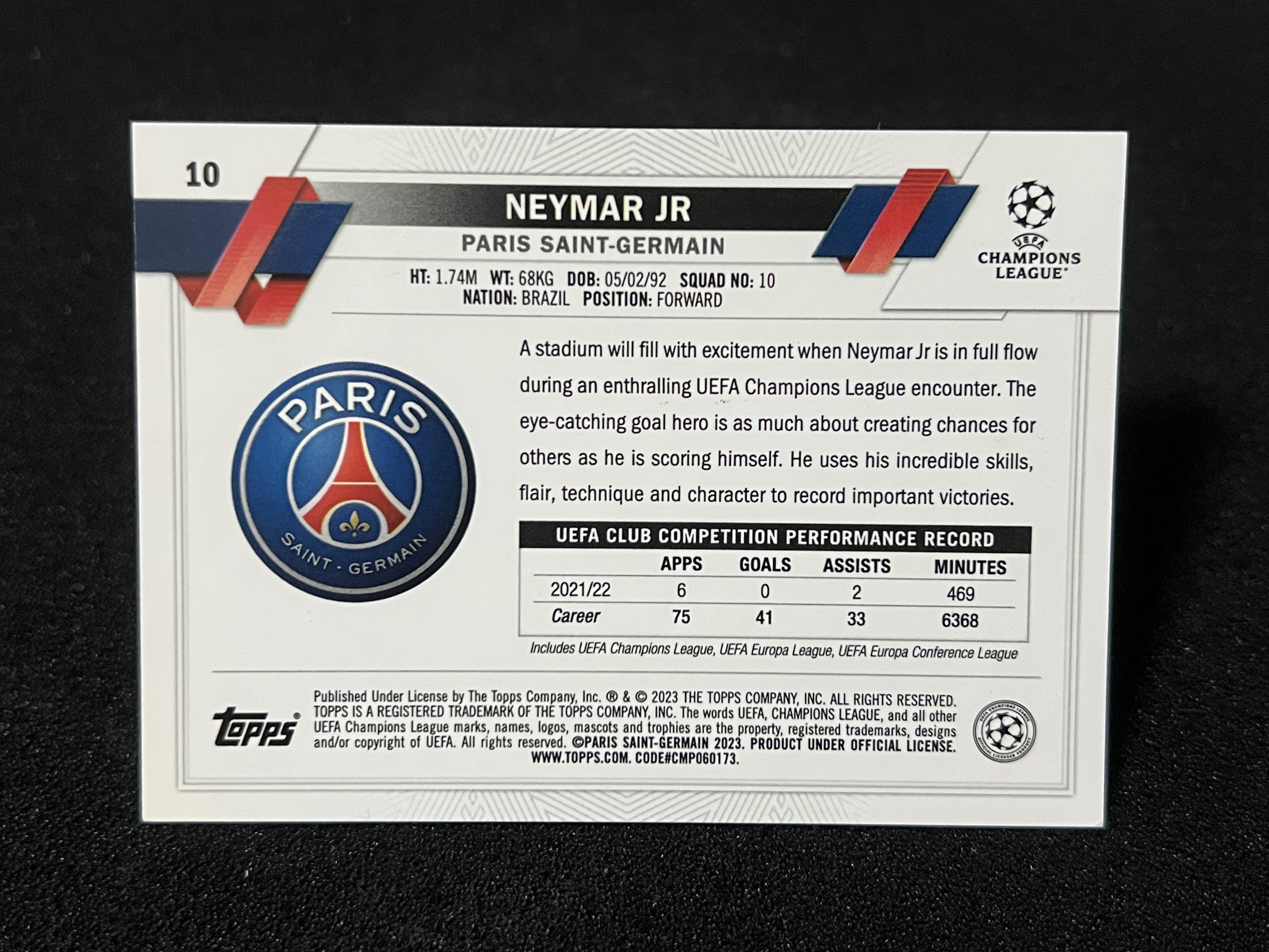 2023 Topps UEFA Champions League Neymar Jr 【挂机拍卖】欧冠 巴黎圣日耳曼 内马尔 银脉冲折 大巴黎 #10 收藏 凑套 卡品如图