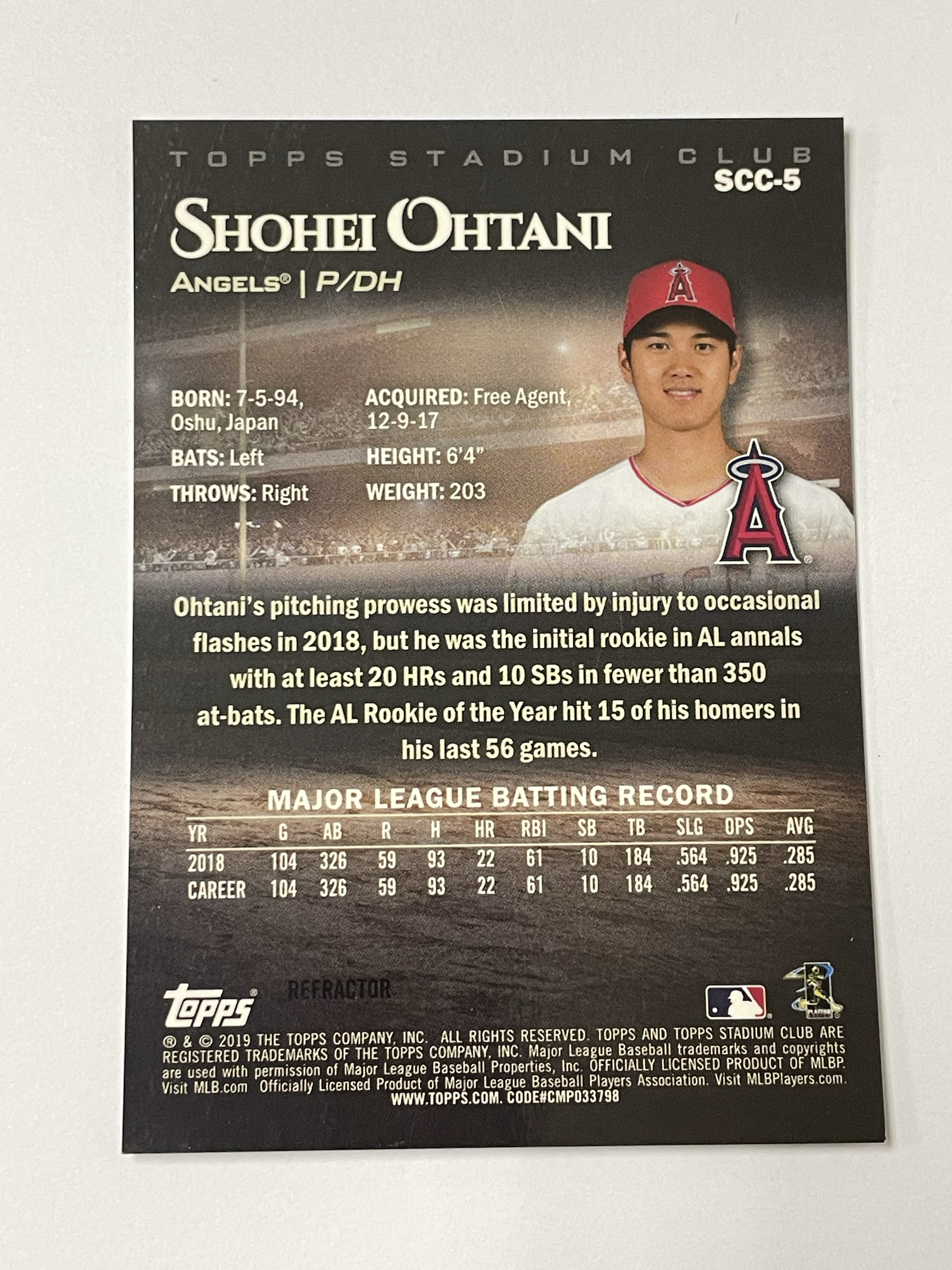 2019 Topps Stadium Club Chrome Shohei Ohtani 洛杉矶天使 大谷翔平 新秀次年 折射