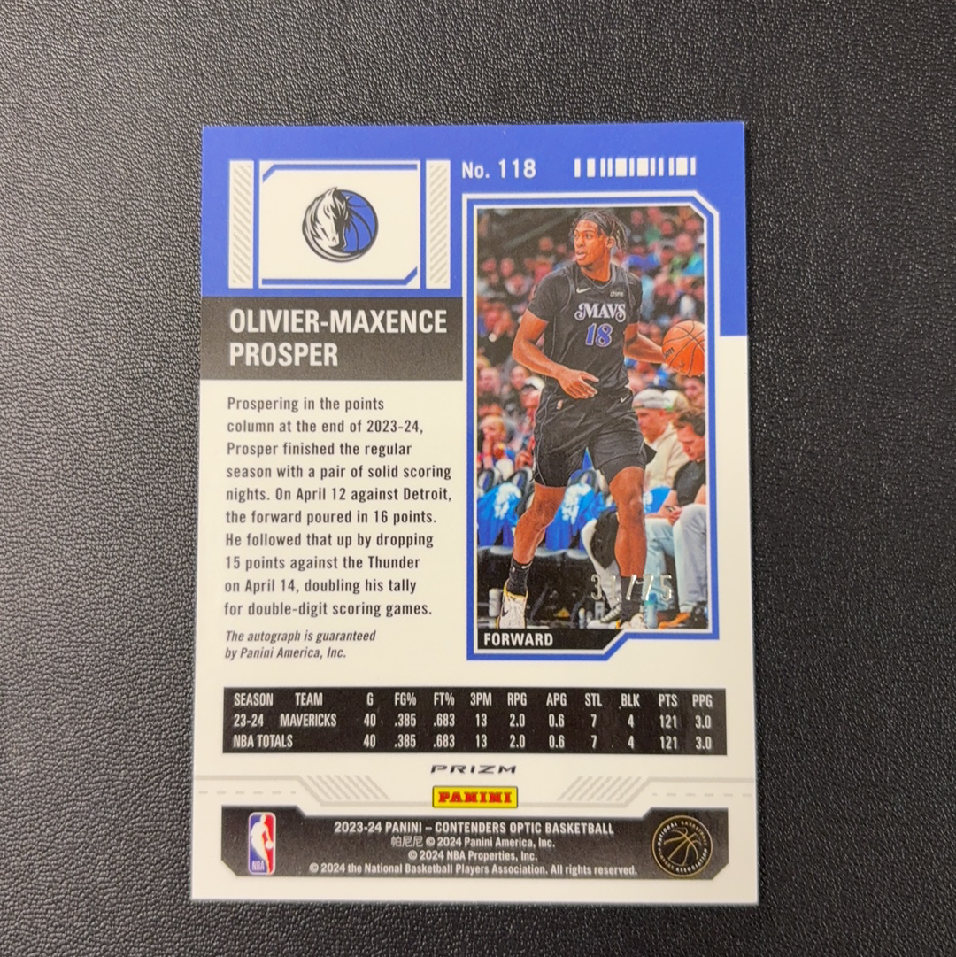 2023-24 panini contenders optic oliver maxence prosper 球票 独行侠 普罗斯珀 RC新秀 绿折 折射 签字卡签 /75编 东契奇 sga 库里