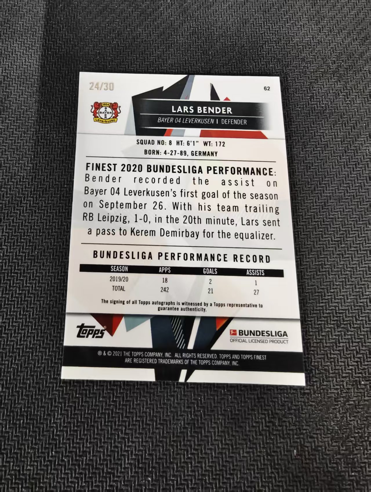 【可合并,不累计】2021 Topps finest LARS BENDER 德甲 勒沃库森 拉尔斯 本德 德国 签字 绿波纹 30编 瑕疵如图