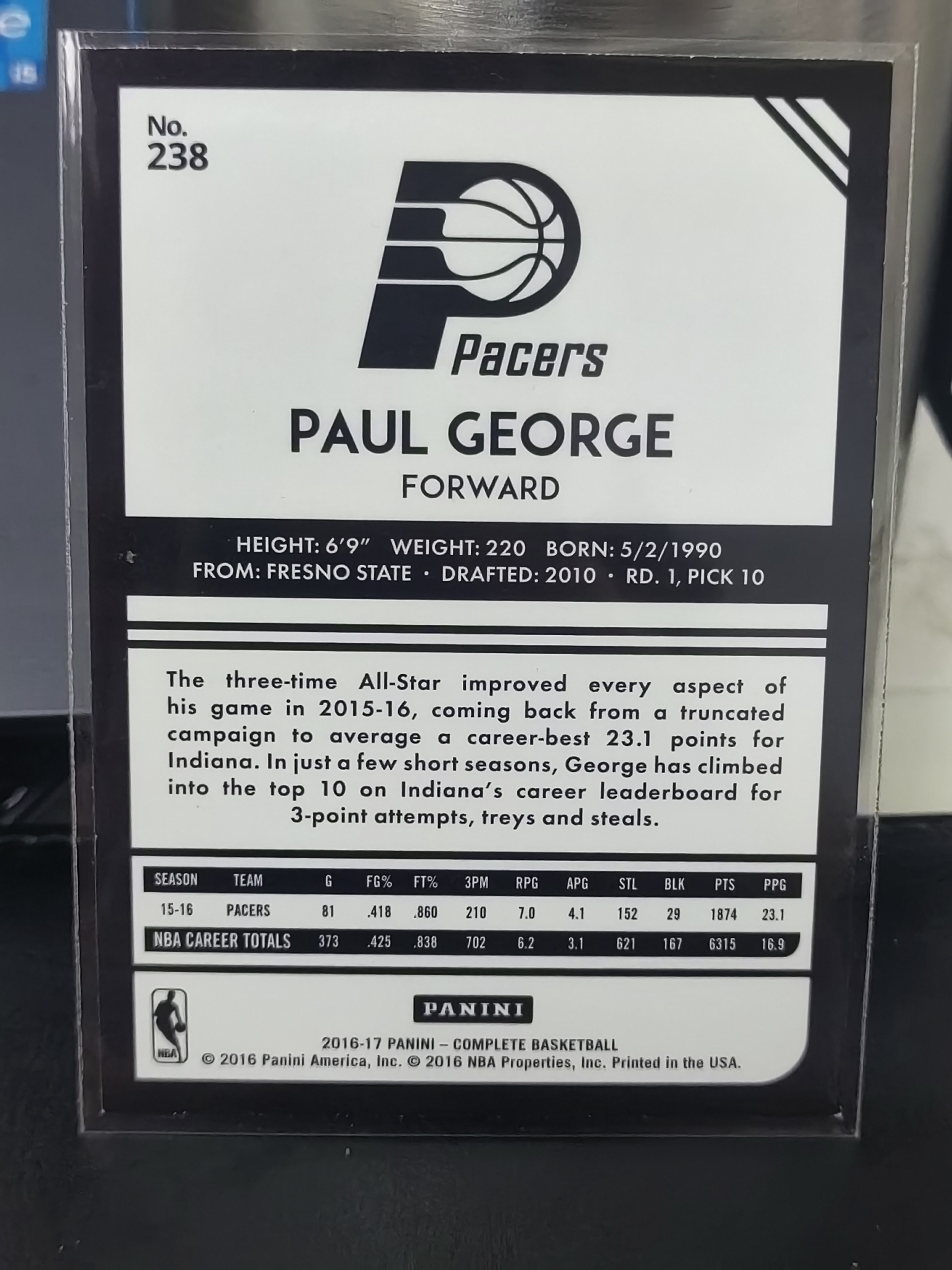 2016-17 Panini Complete Paul George Complete 保罗乔治 步行者 篮 白边白角 不保卡品 卡品如图