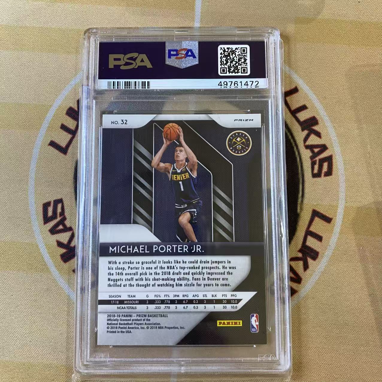 撸卡厮 Lukas 1819 prizm 掘金 潜力新秀 篮网新核 小迈克尔 波特 Michael Porter Jr. 新秀 绿折 新秀折 psa10分 完美卡品(青)