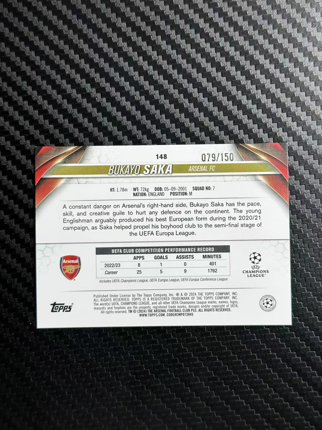 2024 Topps ucc Bukayo Saka 布卡约 萨卡 阿森纳 英格兰 079/150编 欧冠 碧玉 新春折 卡品如图 拍前看描述