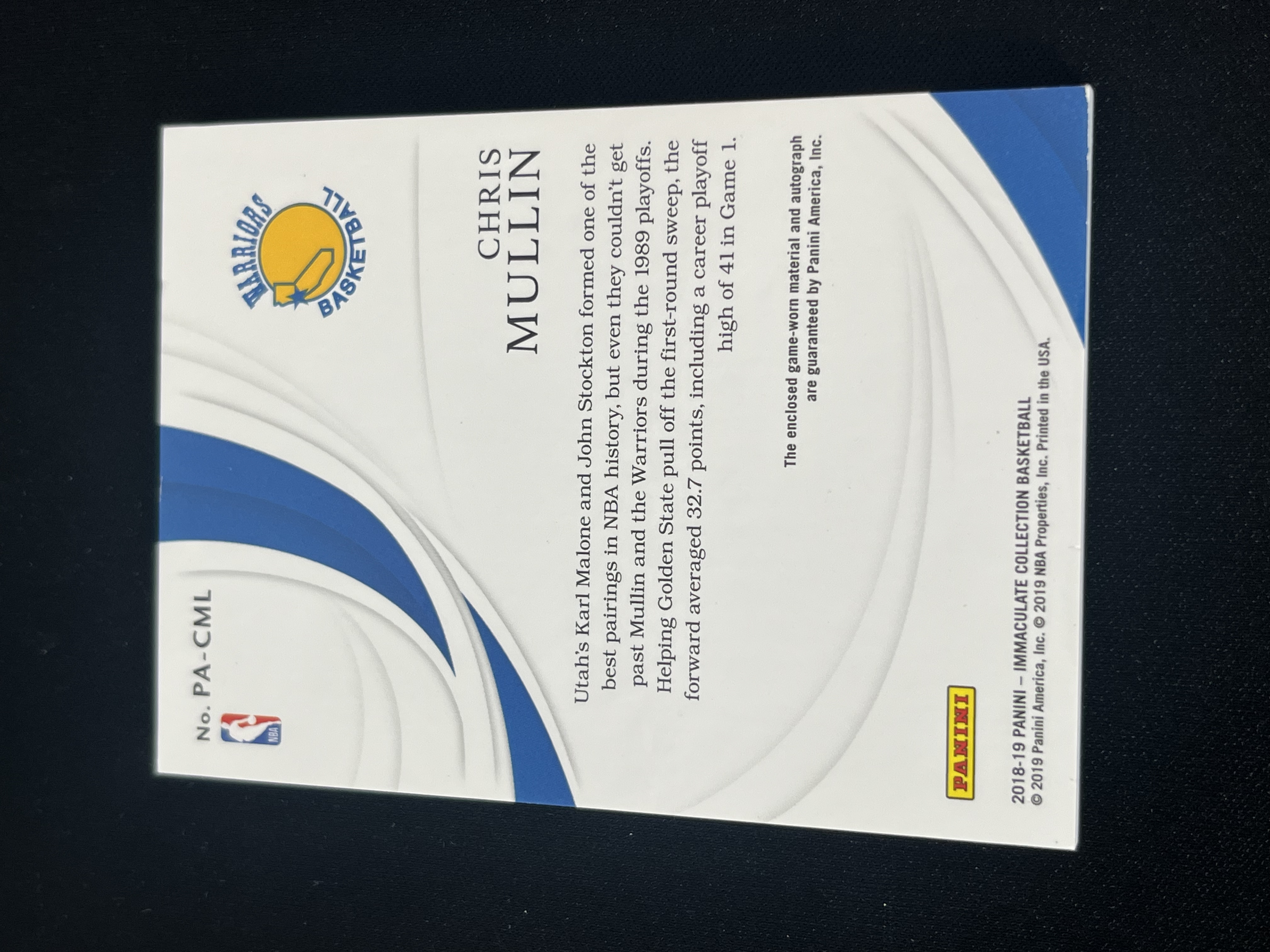 【大盘鸡】 2018-19 Panini Immaculate Chris Mullin 帕尼尼 IMM 镜面球衣签 PA 60编 勇士 金左手 克里斯穆林 40/60 投资必备 卡品如图
