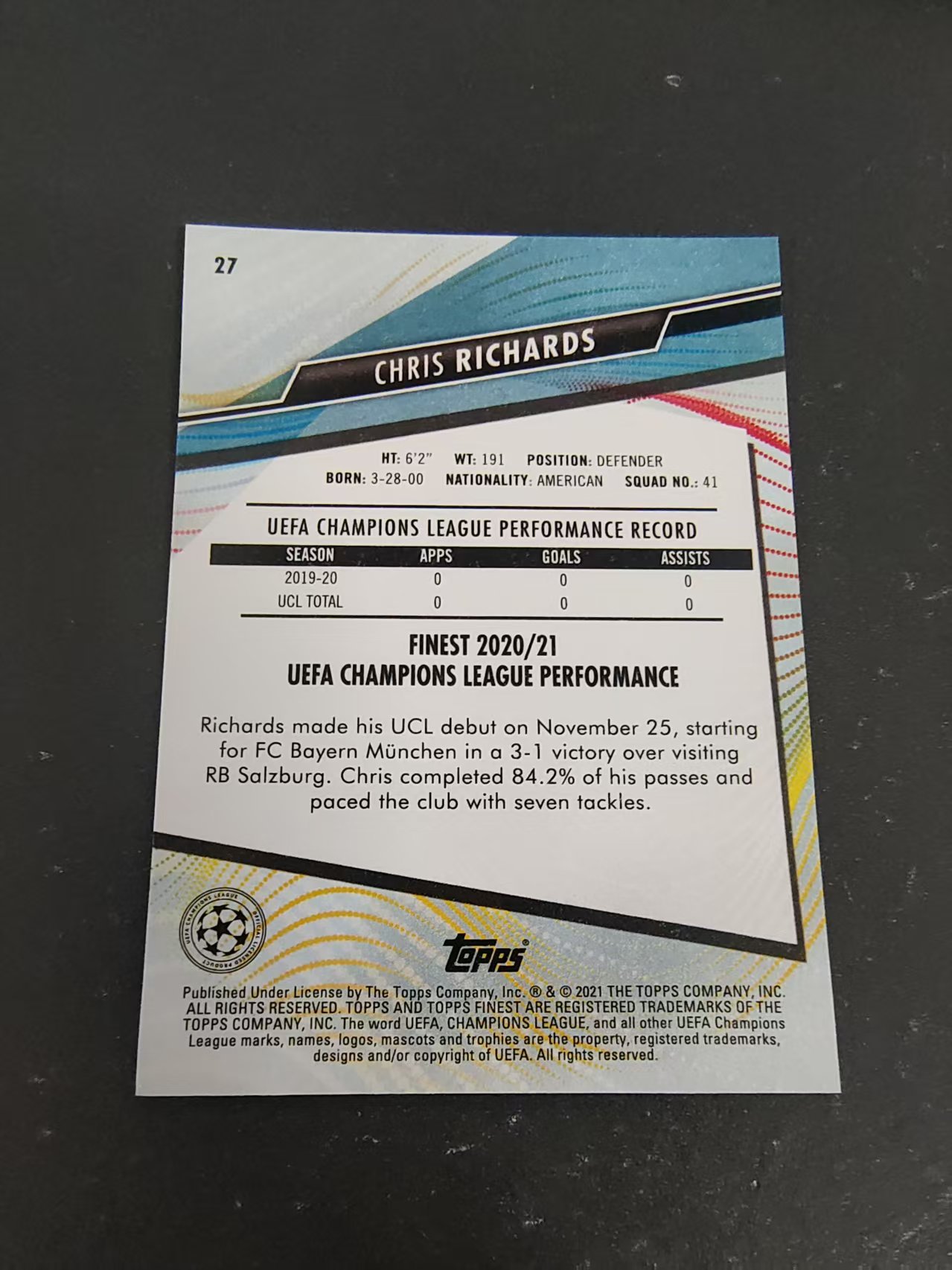 【可合并,不累计】2021 Topps Finest Chris Richards 拜仁慕尼黑 克里斯 理查德斯 新秀 RC 欧冠 划痕 边角瑕疵 #27