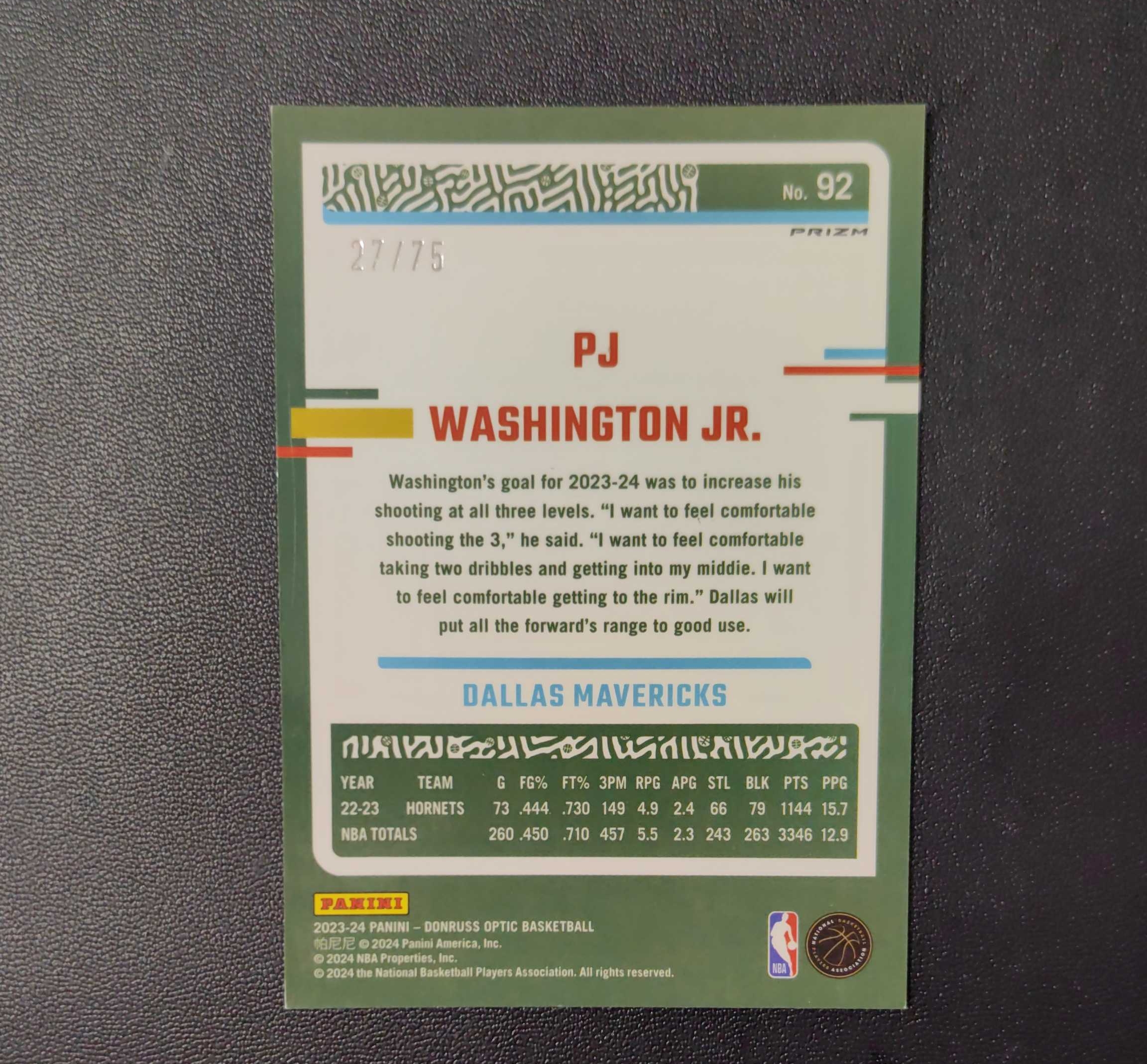 2023-24 Panini Donruss Optic P.J. Washington Jr 杜蕾斯OP PJ 华盛顿 独行侠 75编 红碎闪折 东契奇 sga 库里 文班亚马 詹姆斯