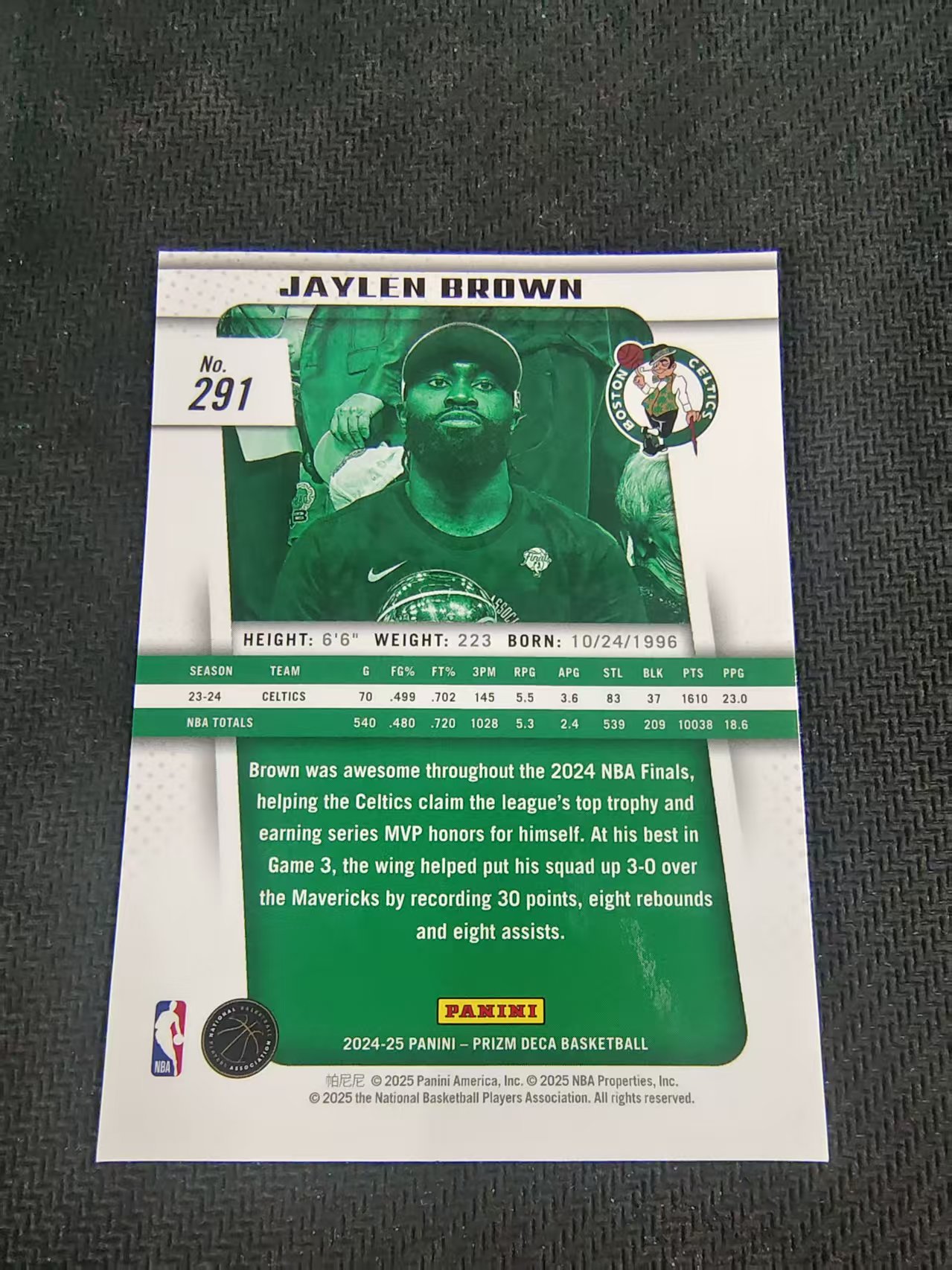 【可合并,不累计】2024-25 Panini Prizm DECA Jaylen Brown 杰伦 布朗 凯尔特人 复刻PZ MVP 捧杯 划痕 边角瑕疵 #291