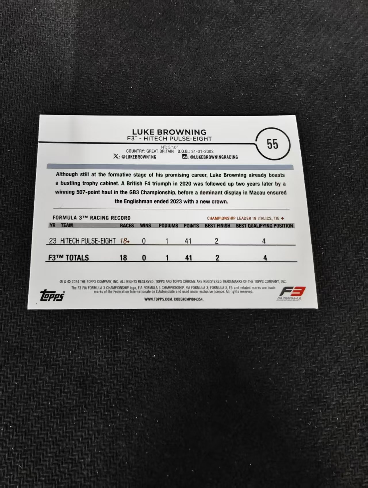 2024 topps Chrome TC F1 Luke Browning 方程式赛车 F3 卢克 布朗宁 F3 划痕 边角瑕疵 #55