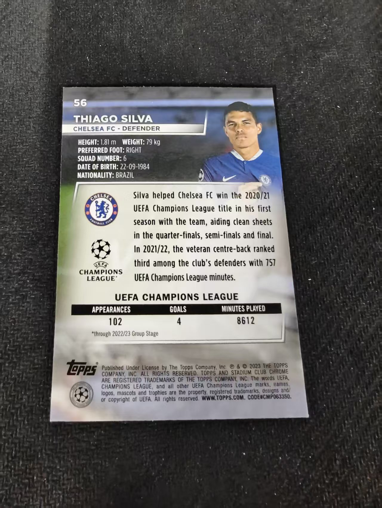 【可合并,不累计】2023 Topps Stadium Club Chrome Thiago Silva 席尔瓦 切尔西 欧冠 竞技场 不保卡品 介意勿拍 #56
