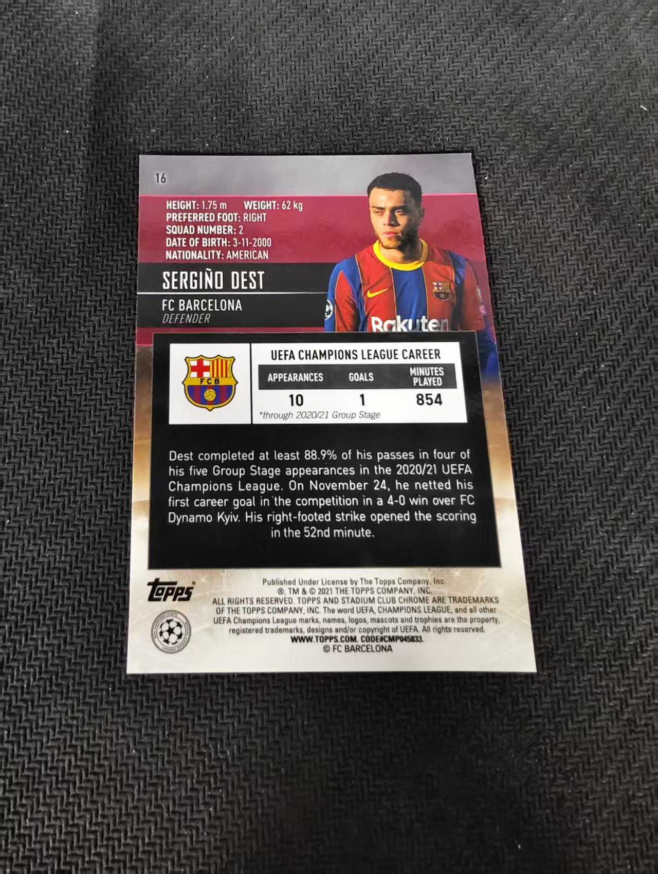 【可合并,不累计】2021 Topps Stadium Club Chrome Sergino Dest 德斯特 巴塞罗那 竞技场 欧冠 划痕 边角瑕疵 #16