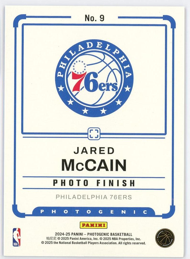 2024-25 Panini Photogenic Jared McCain RC 贾里德麦凯恩 新秀 上镜 75编 Photo Finish特卡 碎冰折 折射 76人 卡品如图 小小酥/11.12.
