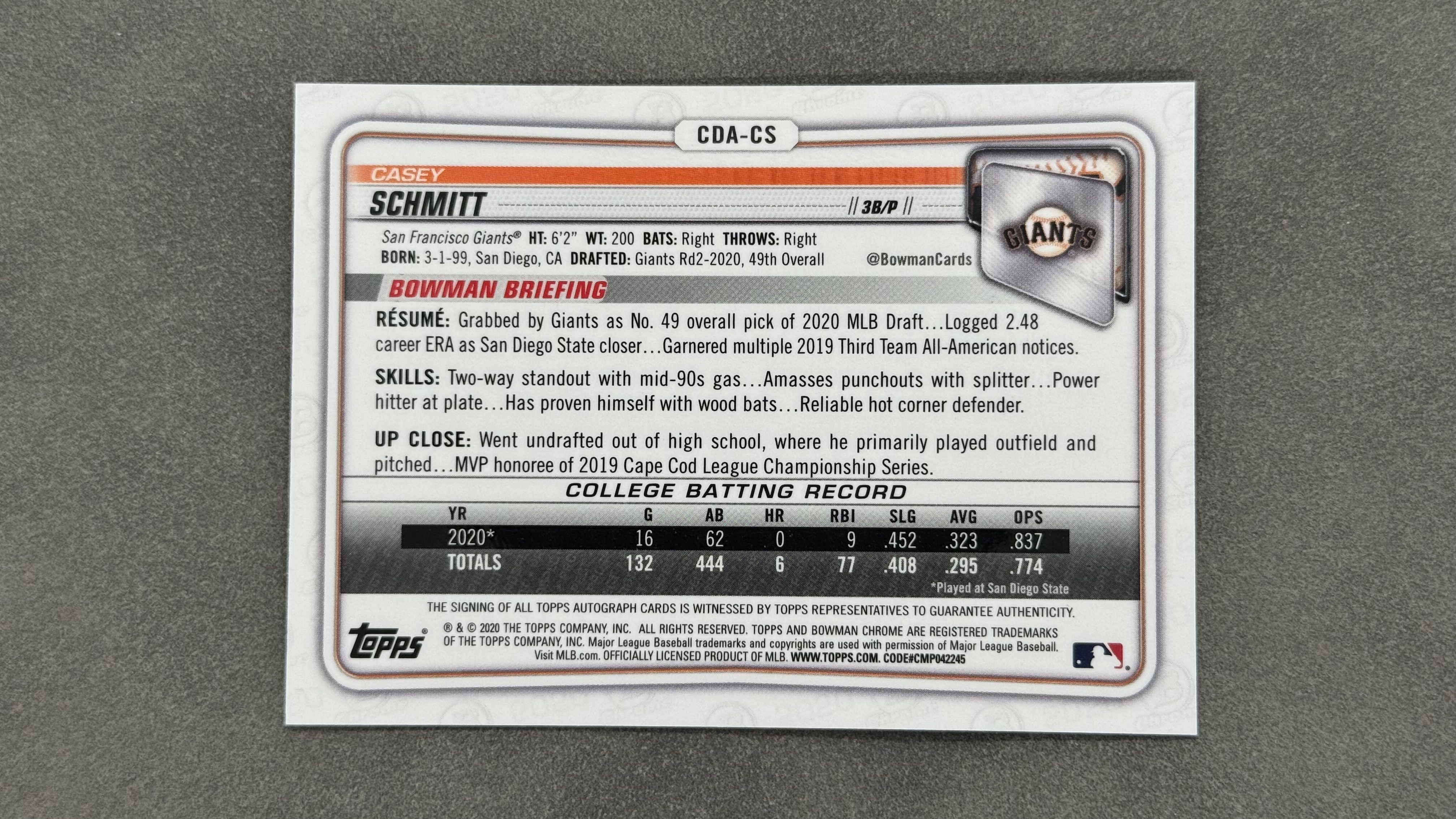 2020 Topps Bowman Casey Schmitt 1st 巨人队 凯西・施密特 现球队核心 签字 卡签 墨迹完美 绿平行 折射 限量/99编 未来可期 值得投资收藏 #CDA-CS