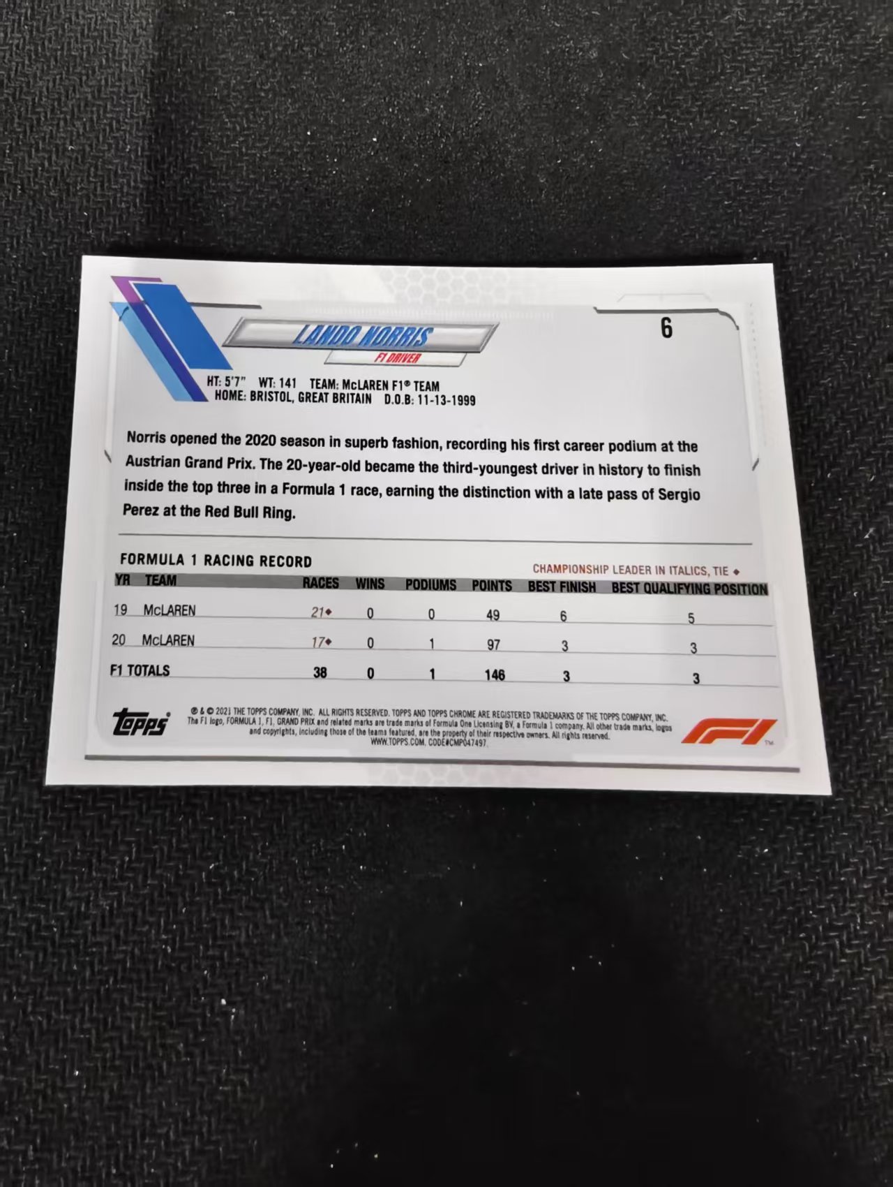 2021 TOPPS CHROME LANDO NORRIS F1 赛车 迈凯伦车队 兰多诺里斯 划痕 边角瑕疵 #6