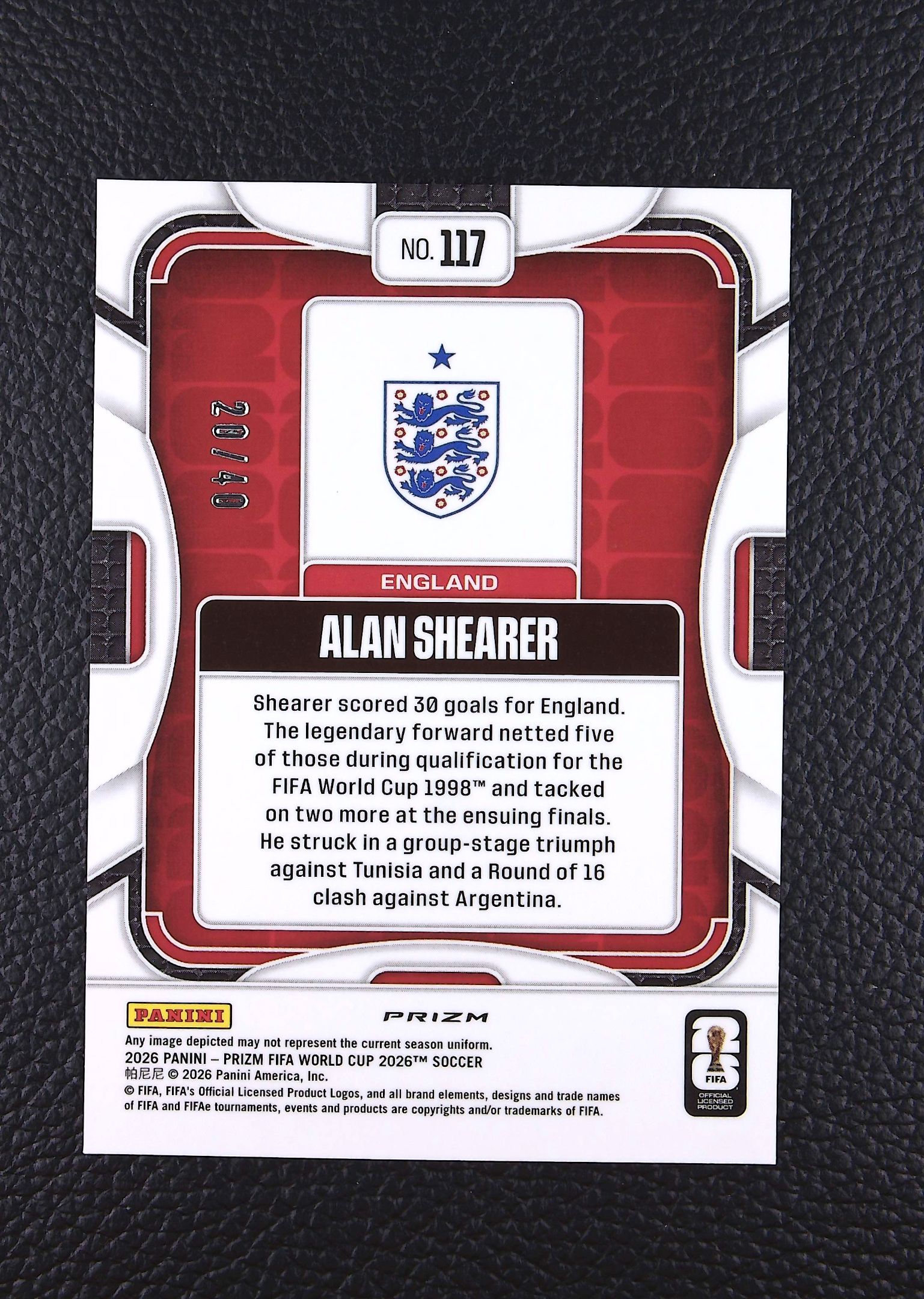 【鲨鱼代卖】 2026 Panini Prizm Alan Shearer 阿兰 希勒 英格兰 PZ 蓝折 世界杯 20/40编 低编 默认微瑕 FY1666