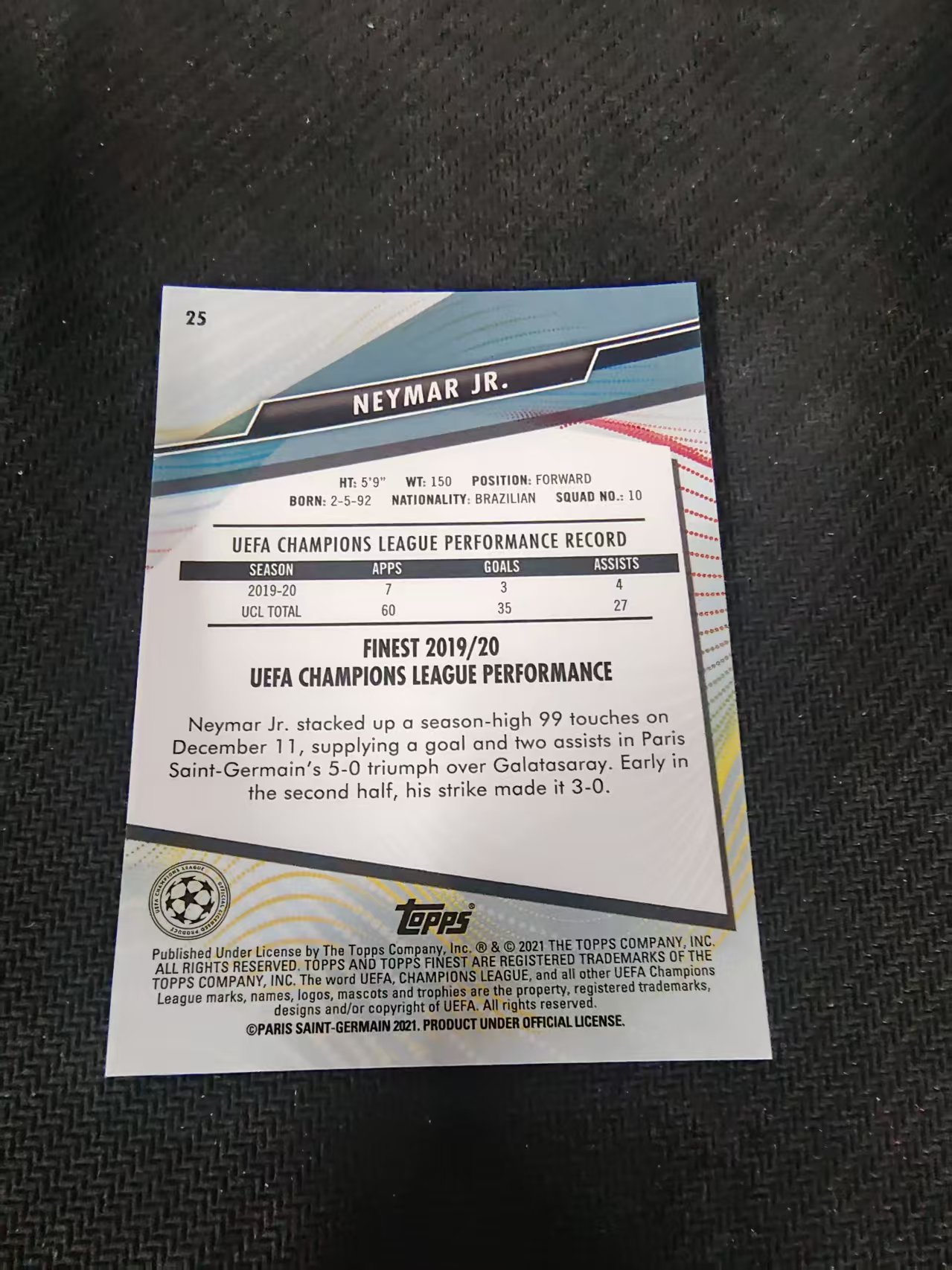 【可合并,不累计】2021 Topps Finest Neymar Jr 欧冠 巴西 巴萨 巴黎 内马尔 马儿 划痕 边角瑕疵 #25