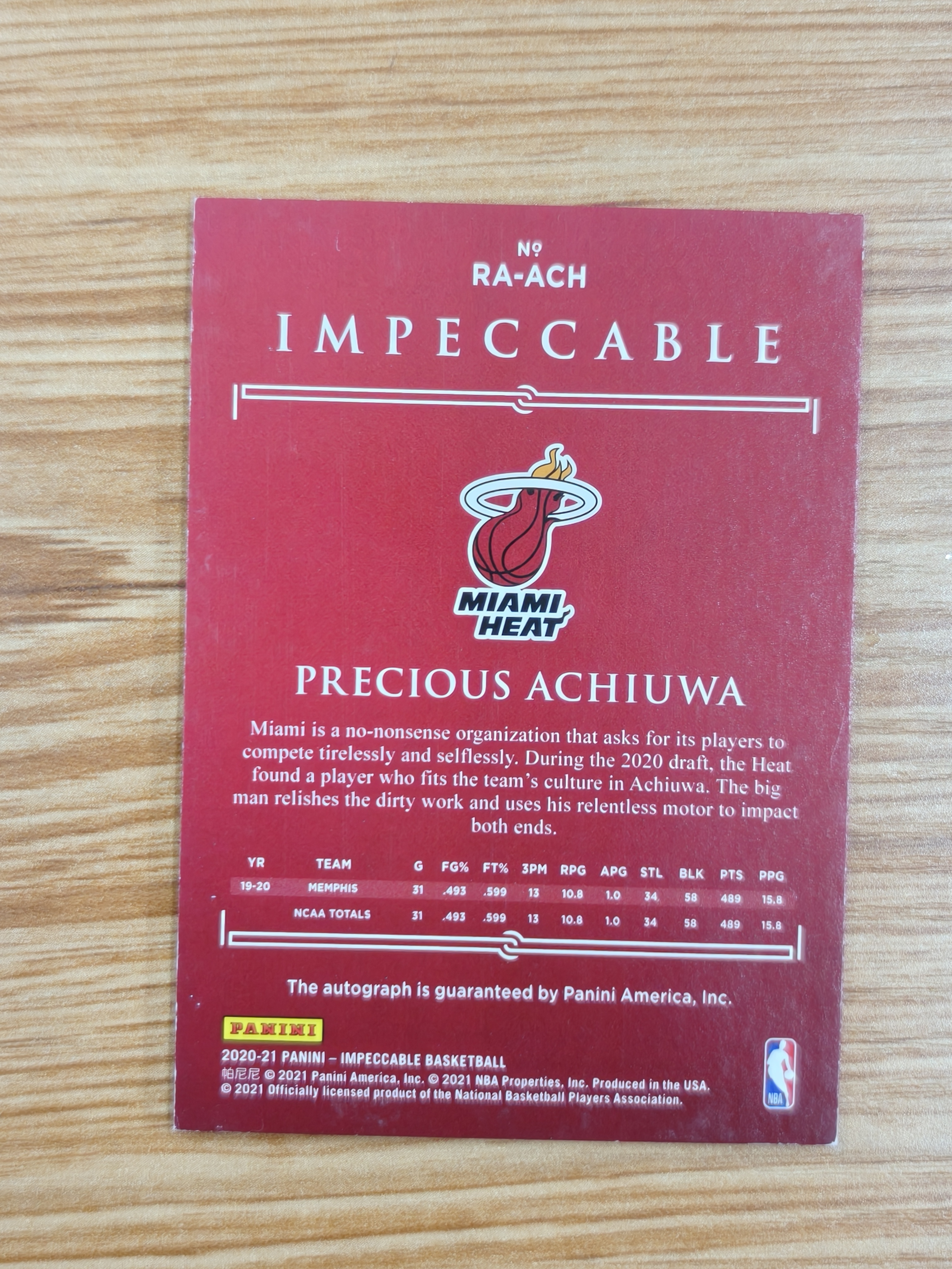 2020-21 Impeccable 小真金 Precious Achiuwa 普雷舍斯 阿丘瓦 RC新秀 热火 /99编 签字 卡签收藏必备 签字墨迹佳