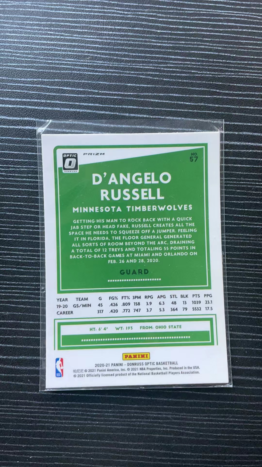 2020-21 Panini Optic D 'Angelo Russell 20/21赛季 帕尼尼 Optic 森林狼 德安吉洛 拉塞尔 No.57 蓝镭射折