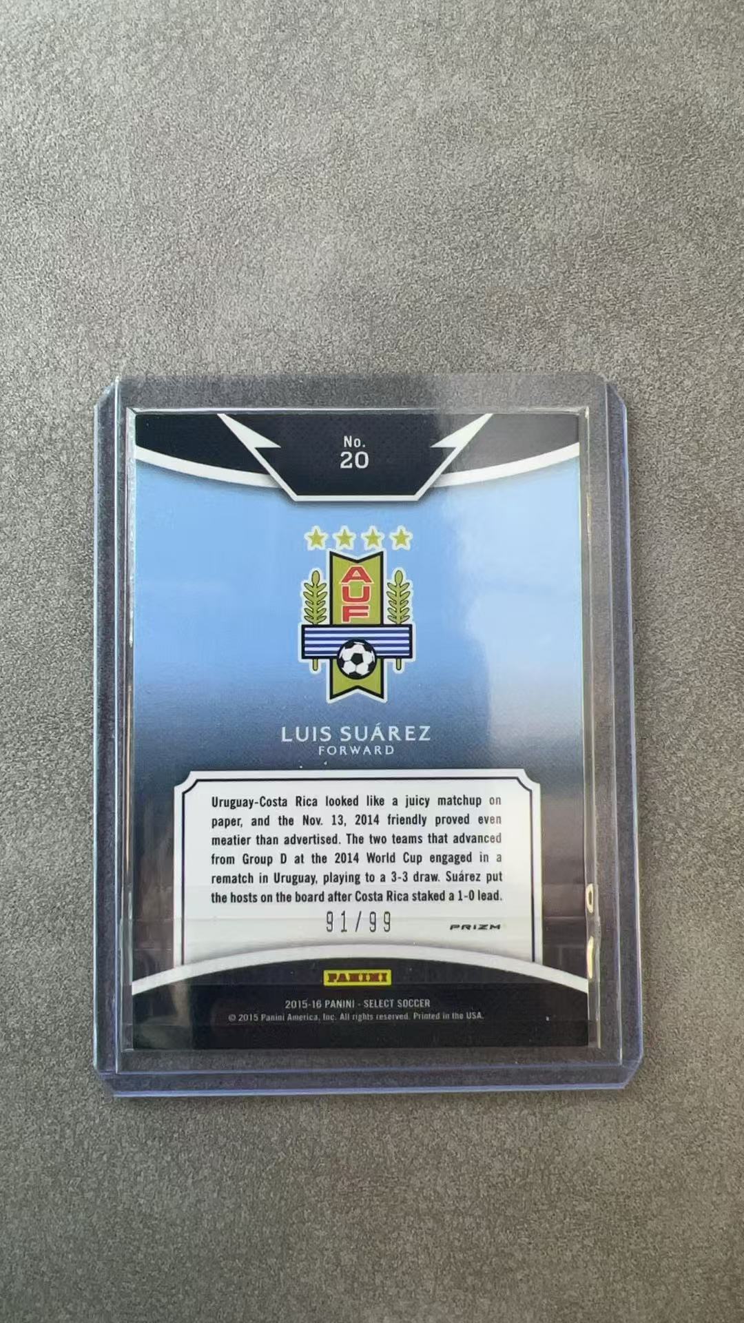 6124【330球星卡实体店代卖】2015-16 帕尼尼 Select 元年 苏亚雷斯 Luis Suárez 乌拉圭 EQUALIZERS特卡 紫折 91/99编 反同背 仅顺丰寄付(UK23)