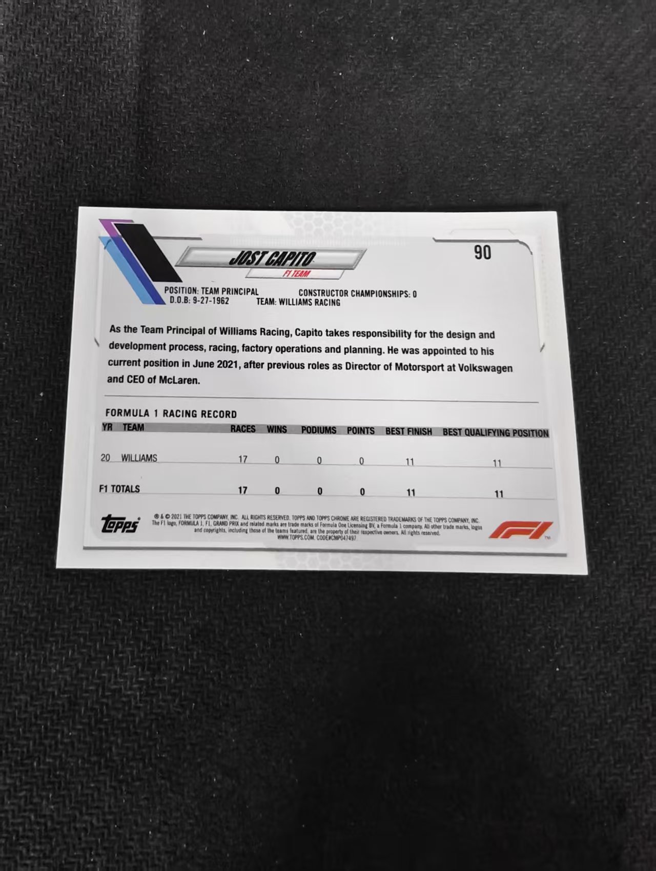 2021 Topps Chrome Jost Capito F1 威廉姆斯 领队 约斯特 卡皮托 黑白格子折 划痕 边角瑕疵 #90