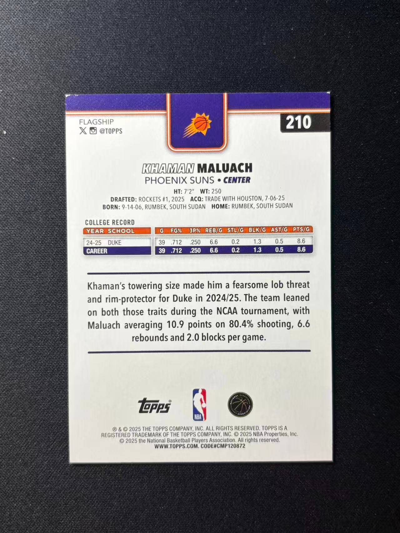 【梦卡拍卖】2025 Topps Flagship Khaman Maluach 太阳 新秀 卡曼 马鲁阿奇 /68编 黑折 细节如图 #DD# 未衬