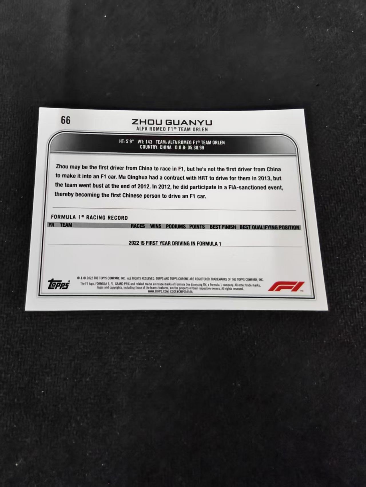 2022 Topps Chrome F1 Guanyu Zhou RC 周冠宇 新秀 阿尔法罗密欧 划痕 边角瑕疵#66