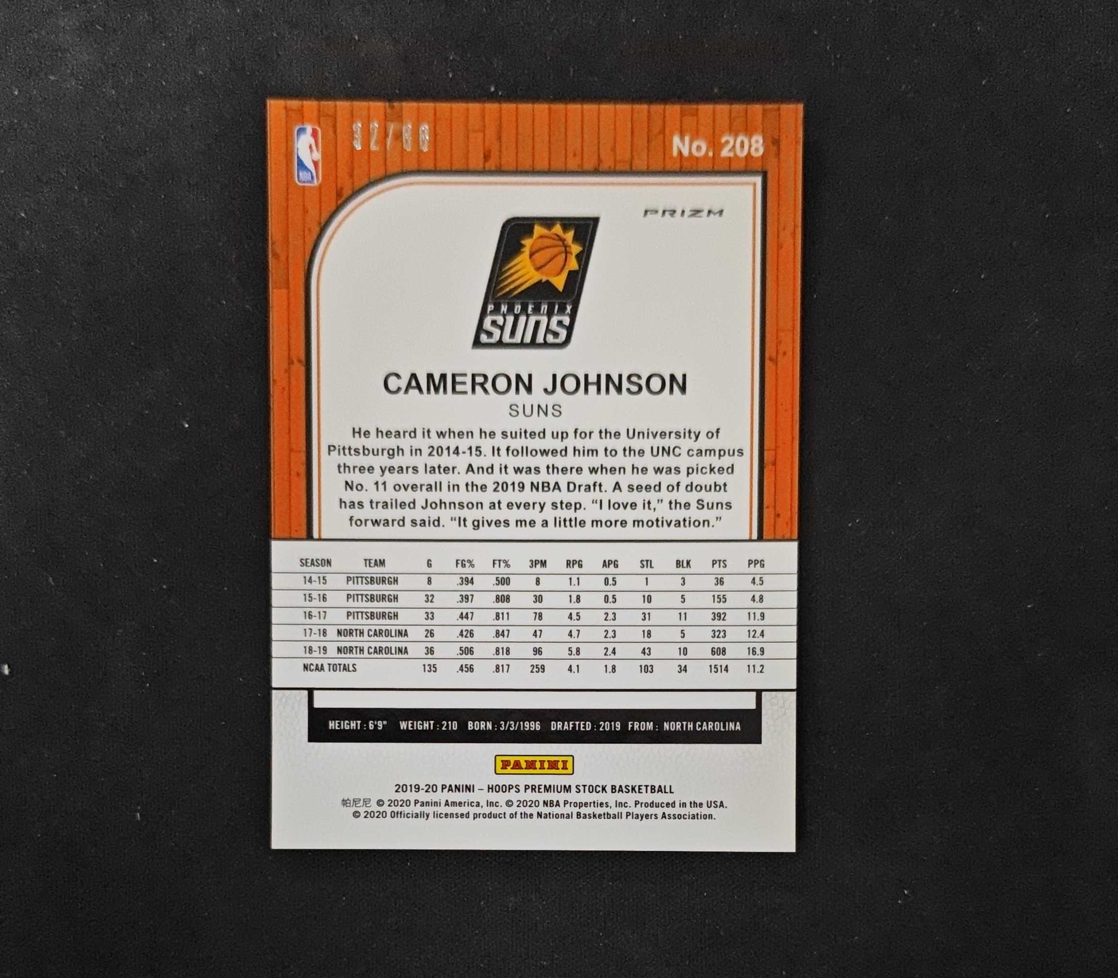 2019-20 Panini Hoops Cameron Johnson RC 【SC拍卖】新秀 太阳 卡麦隆约翰逊 32/88编 红shimmer 收藏必备(ing哥)