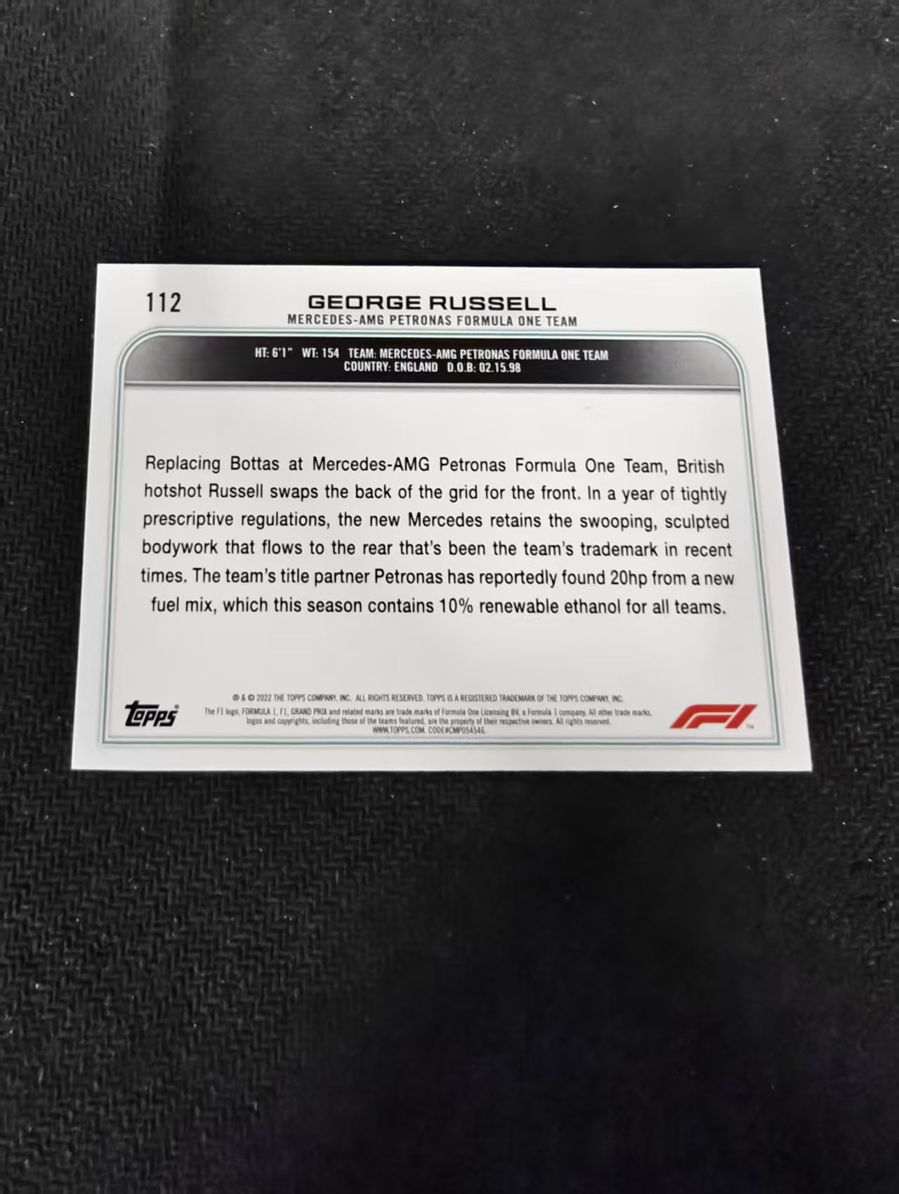 2022 Topps Chrome F1 George Russell 乔治 拉塞尔 梅奔 划痕 边角瑕疵@112
