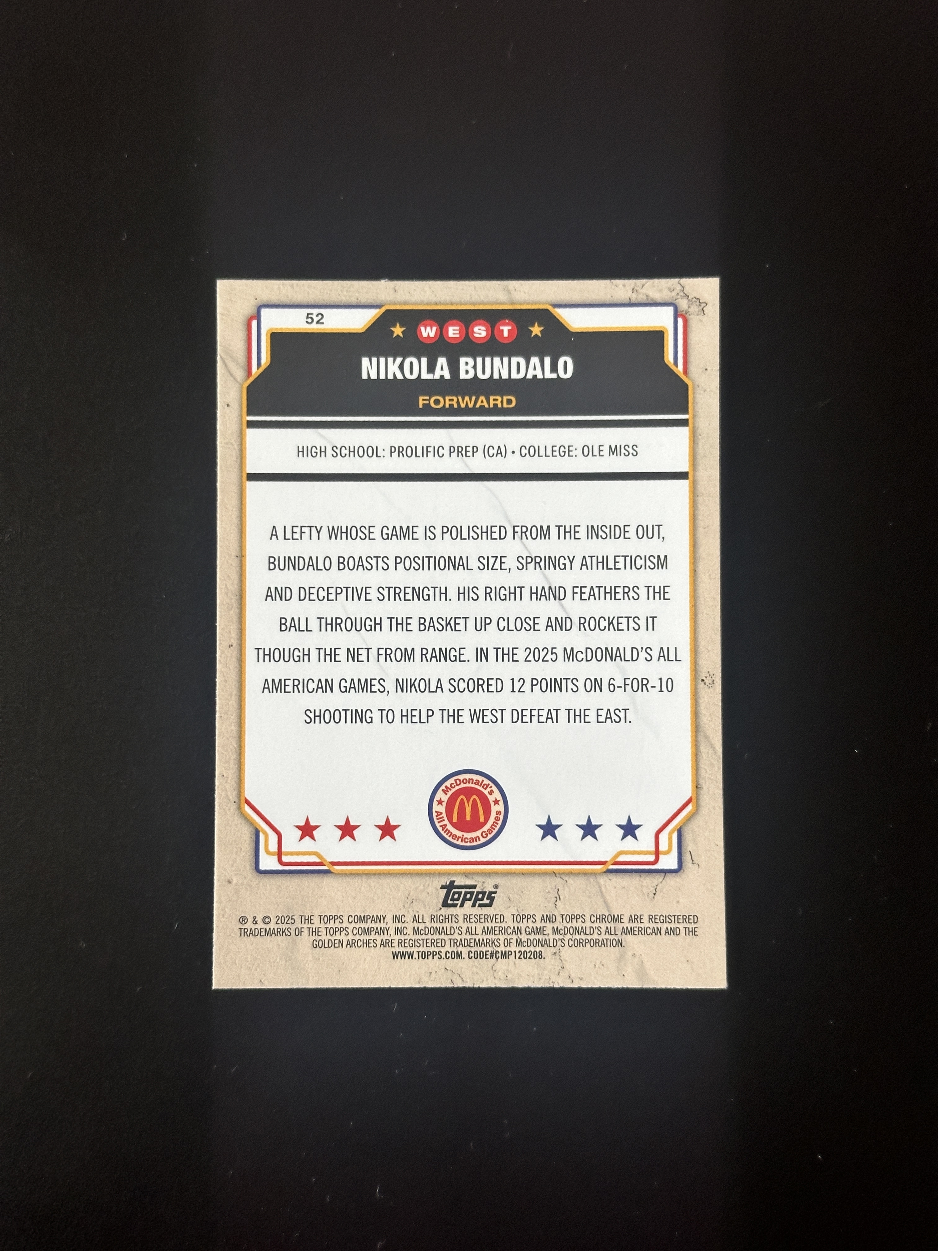 2025 Topps McDonald's Nikola Bundalo TC 麦当劳全明星 尼古拉 邦达洛 编号52 熔岩折 蓝折 密西西比大学明星 热门新秀 收藏必备 卡品如图