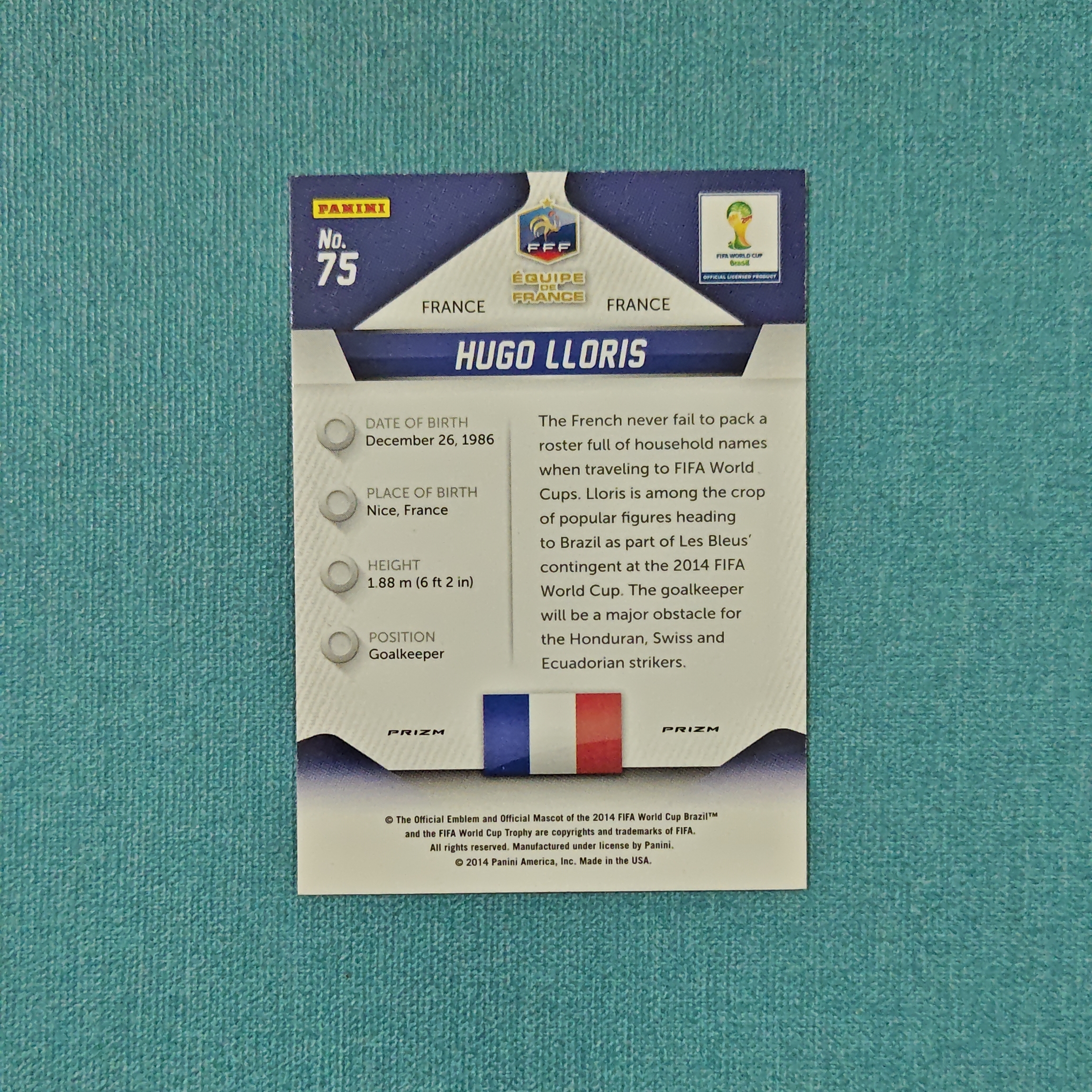 2014 Panini Prizm 世界杯PZ 元年 Hugo Lloris 洛里 三色波纹折 法国 托特纳姆热刺 卡品如图 XLM