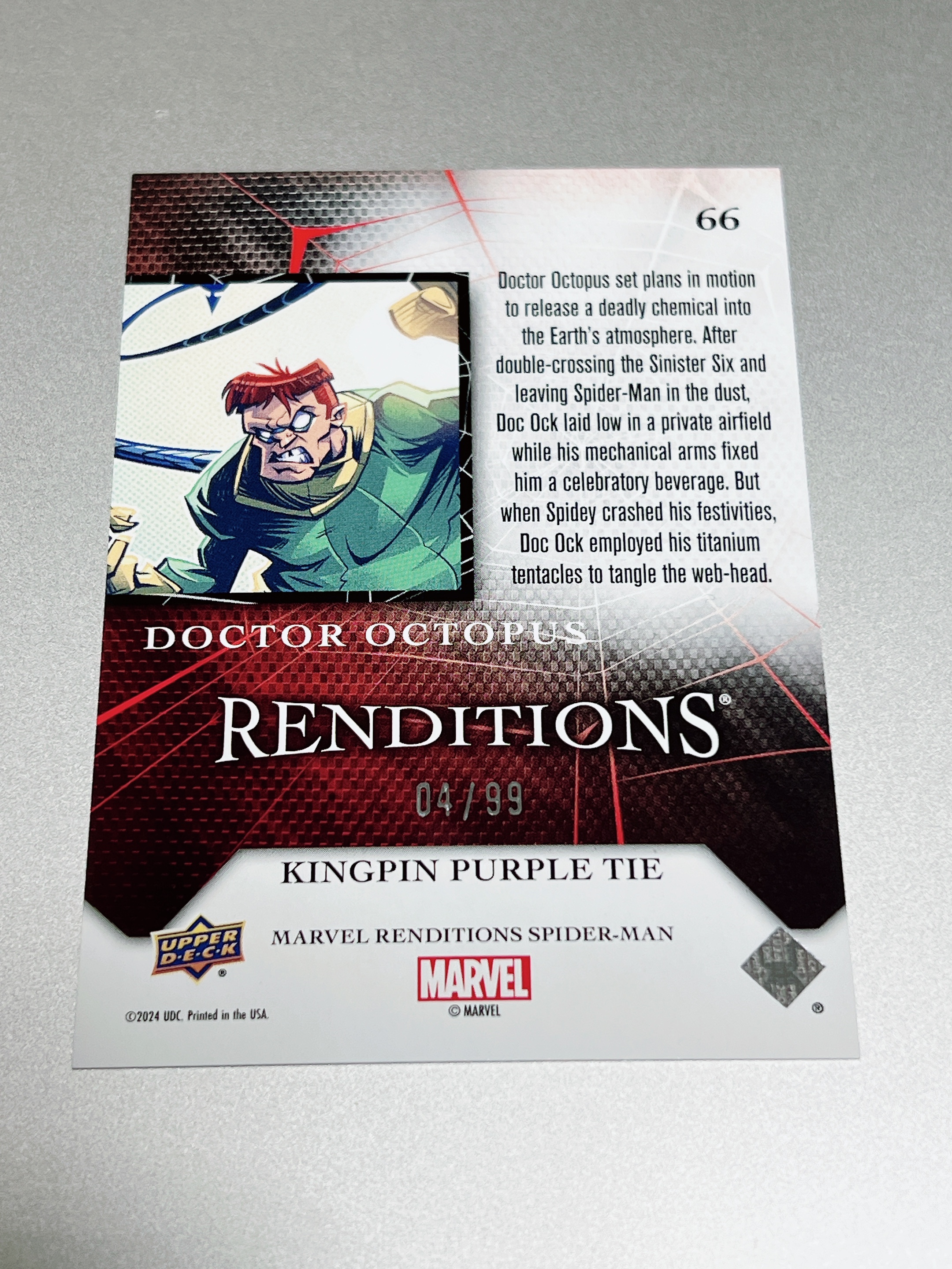 2024 Upper Deck Marvel (MCU) 蜘蛛侠演绎 章鱼博士 序号66 base带编 紫折射99编 UD漫威漫画蜘蛛侠 Renditions doctor octopus 04/99