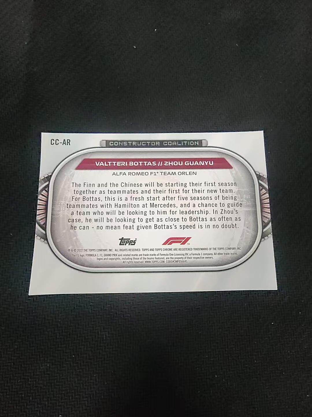【汽水拍卖】2022 Topps Chrome F1 Valtteri Bottas 瓦尔特里 博塔斯 Guanyu Zhou 周冠宇 双人特卡 银折 划痕 边角瑕疵 #AR