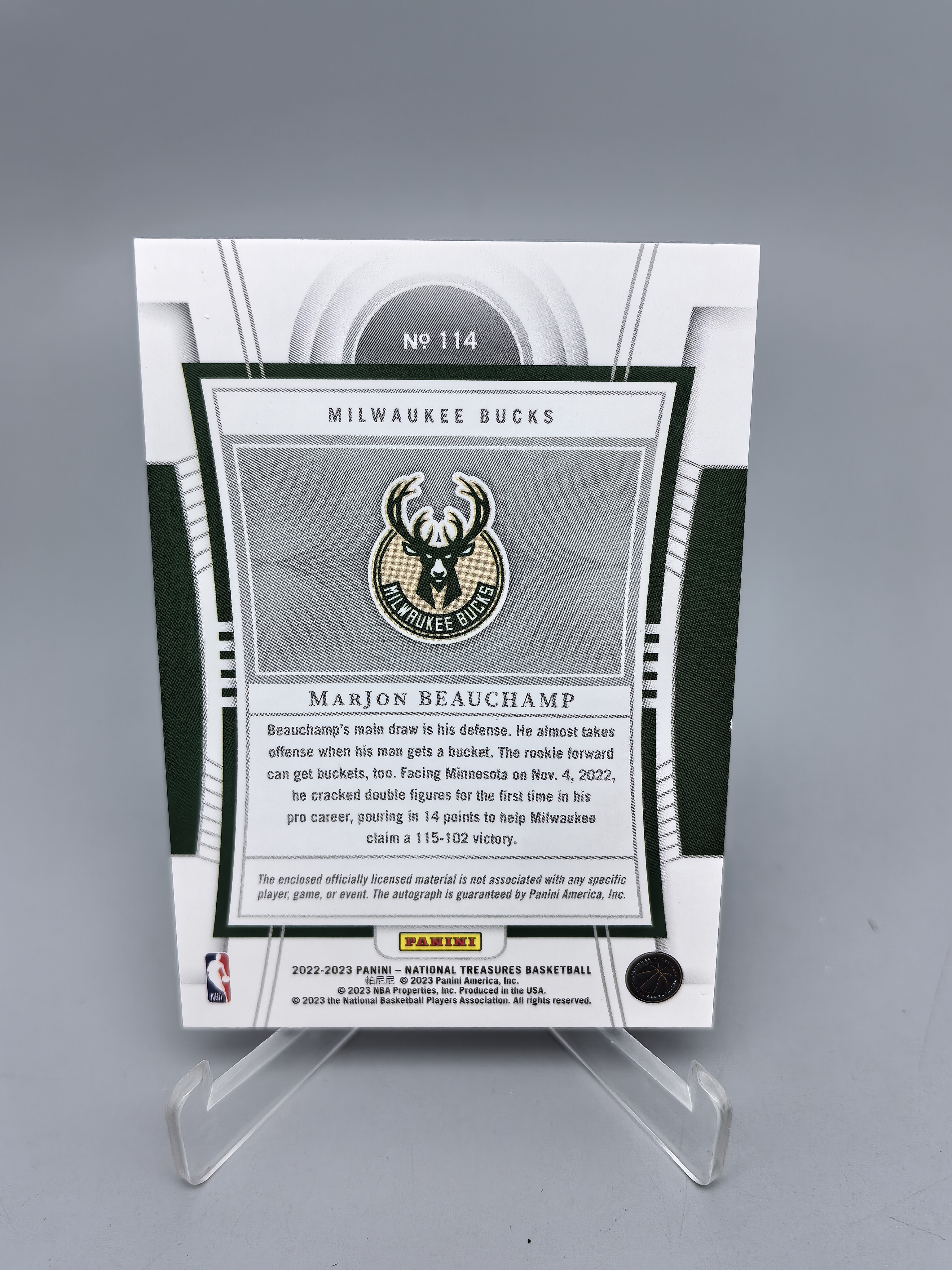 【坚果卡牌代拍】2022-23 Panini National MarJon Beauchamp 国宝 雄鹿 马乔恩 比彻姆 新秀RC 签字 卡签 RPA 红平行 75编 微瑕如图 阿顺1027