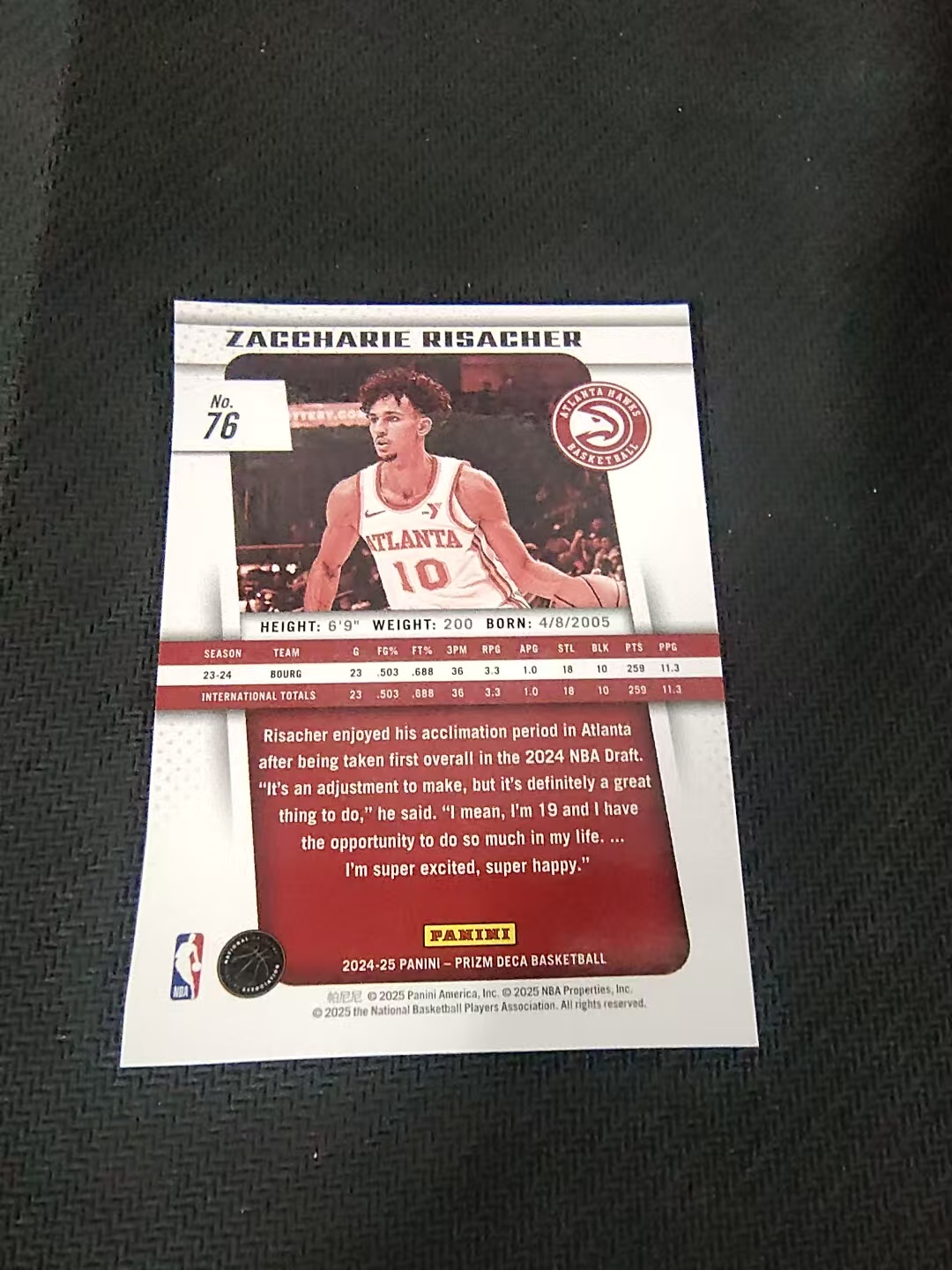 【可合并,不累计】2024-25 Panini Prizm Zaccharie Risacher DECA 扎卡里 里萨谢 老鹰 新秀 RC 复刻 PZ 划痕 边角瑕疵 #76