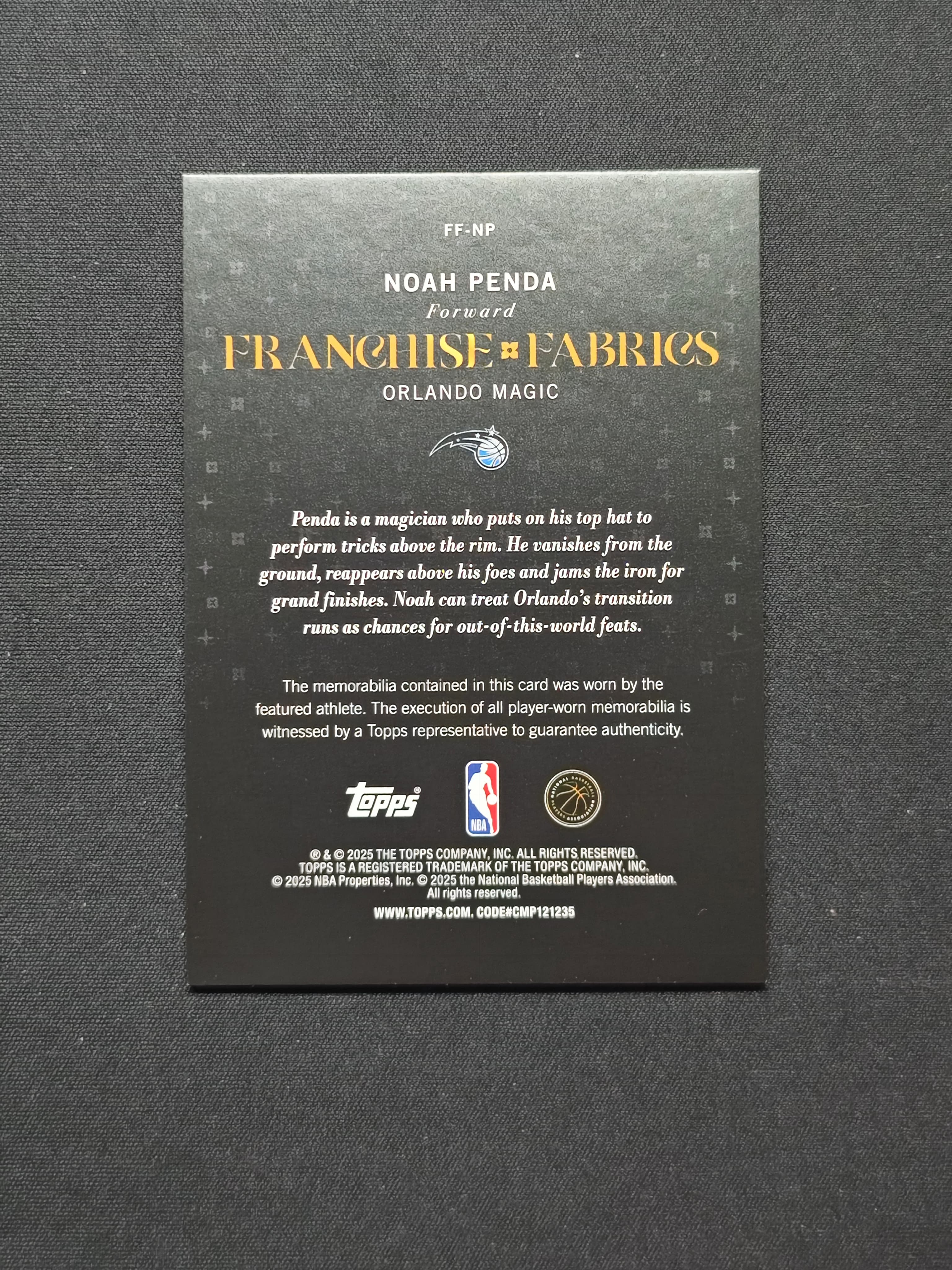 2025-26 Topps NBA Noah Penda RC 【芒果拍卖】魔术 新秀 彭达 单窗 球衣 物料 银碎点折 #1118海哥2