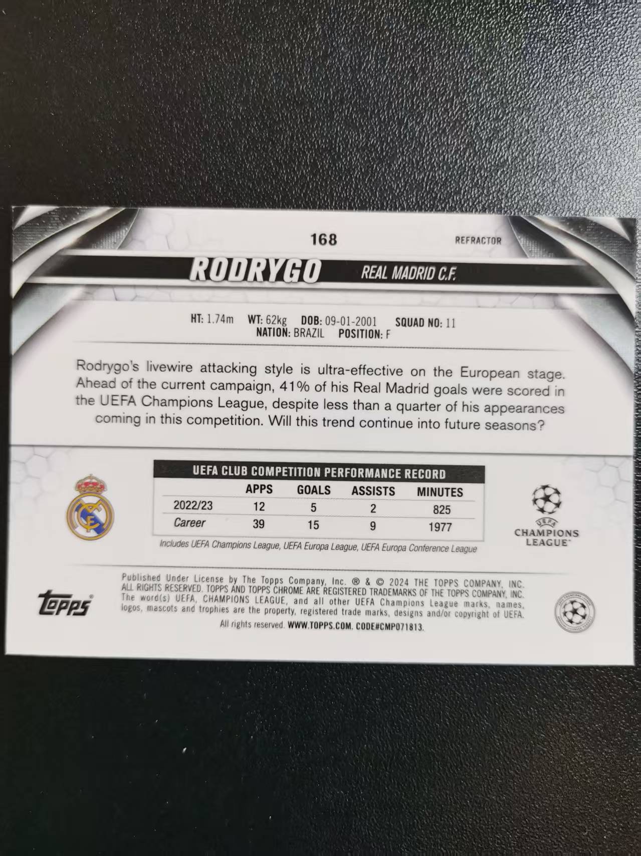 2024 Topps Chrome Rodrygo 罗德里戈 皇家马德里 欧冠TC 银折 收藏凑套 卡品如图 免费代拍WLB