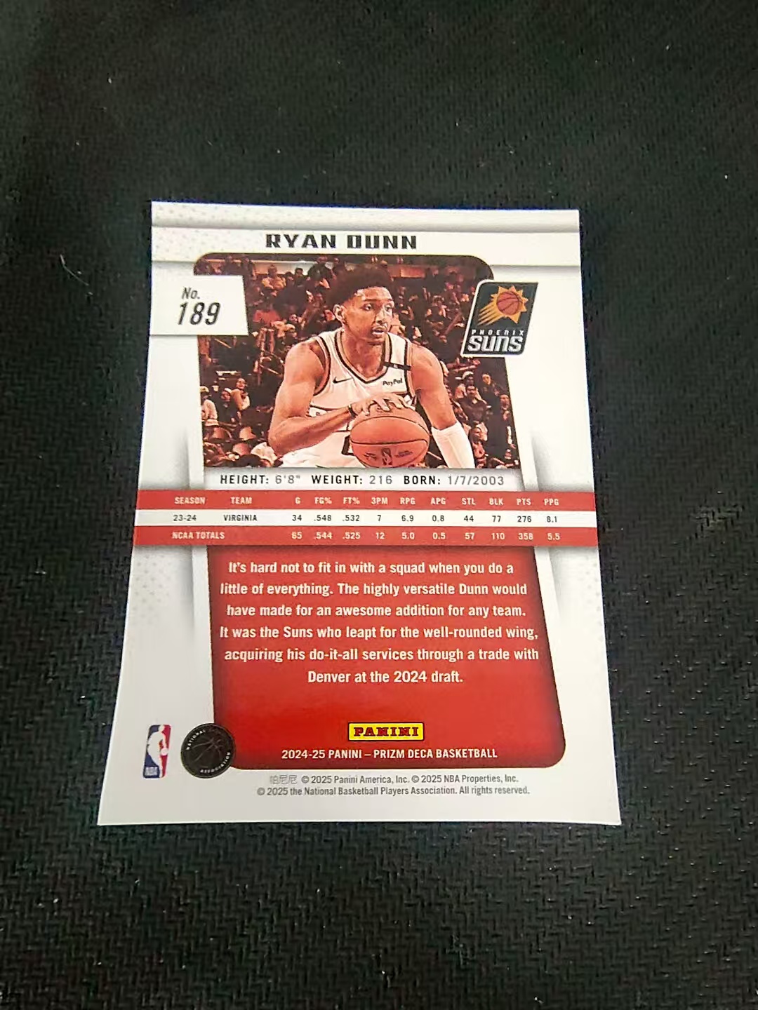 【可合并,不累计】2024-25 Panini Prizm Ryan Dunn RC 瑞安邓恩 太阳新秀 pz deca 复刻 划痕 边角瑕疵 #189