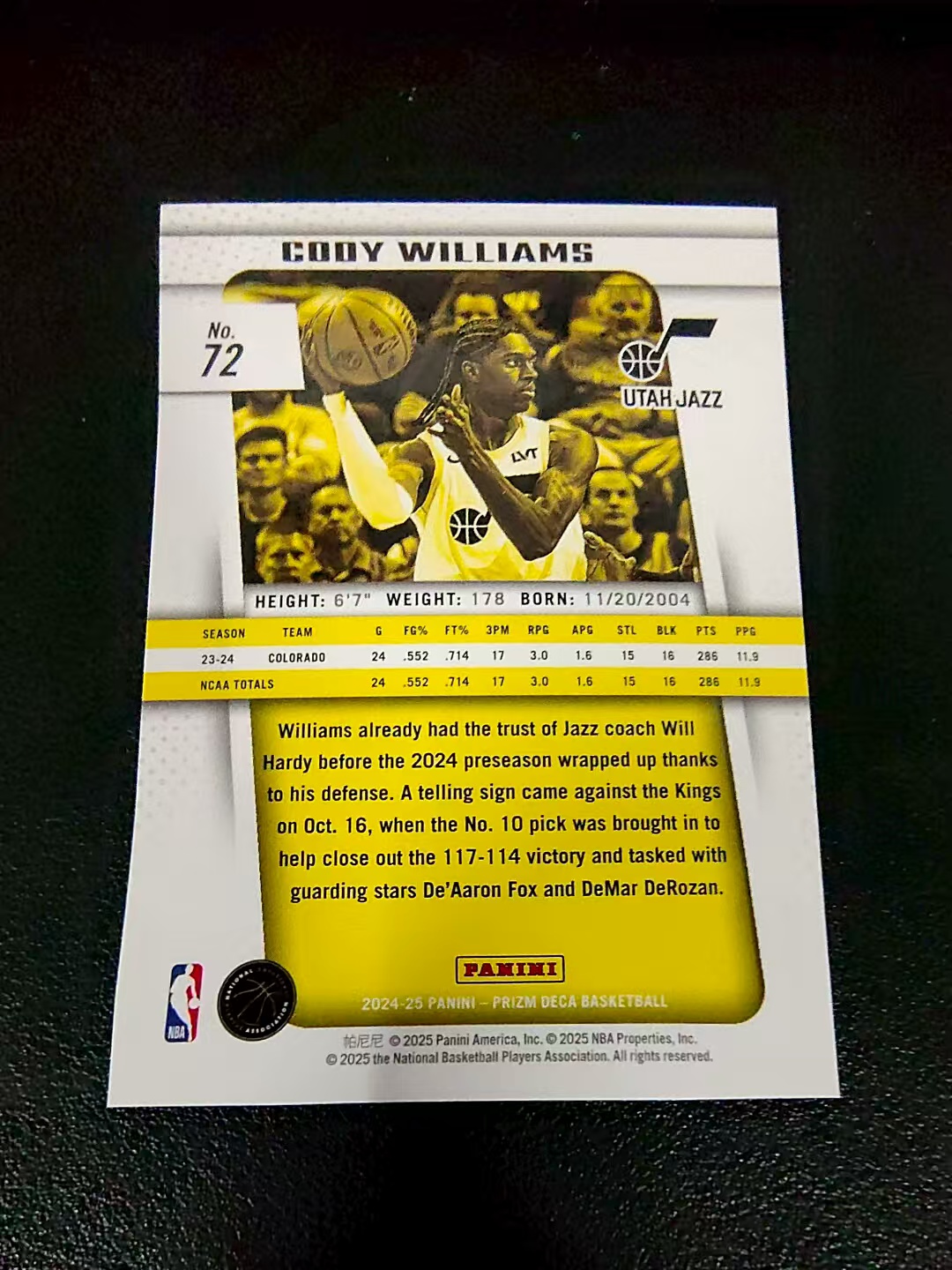 【可合并,不累计】2024-25 Panini Prizm DECA 复刻 Cody Williams RC 犹他爵士 科迪威廉姆斯 PZ 划痕 边角瑕疵 #72