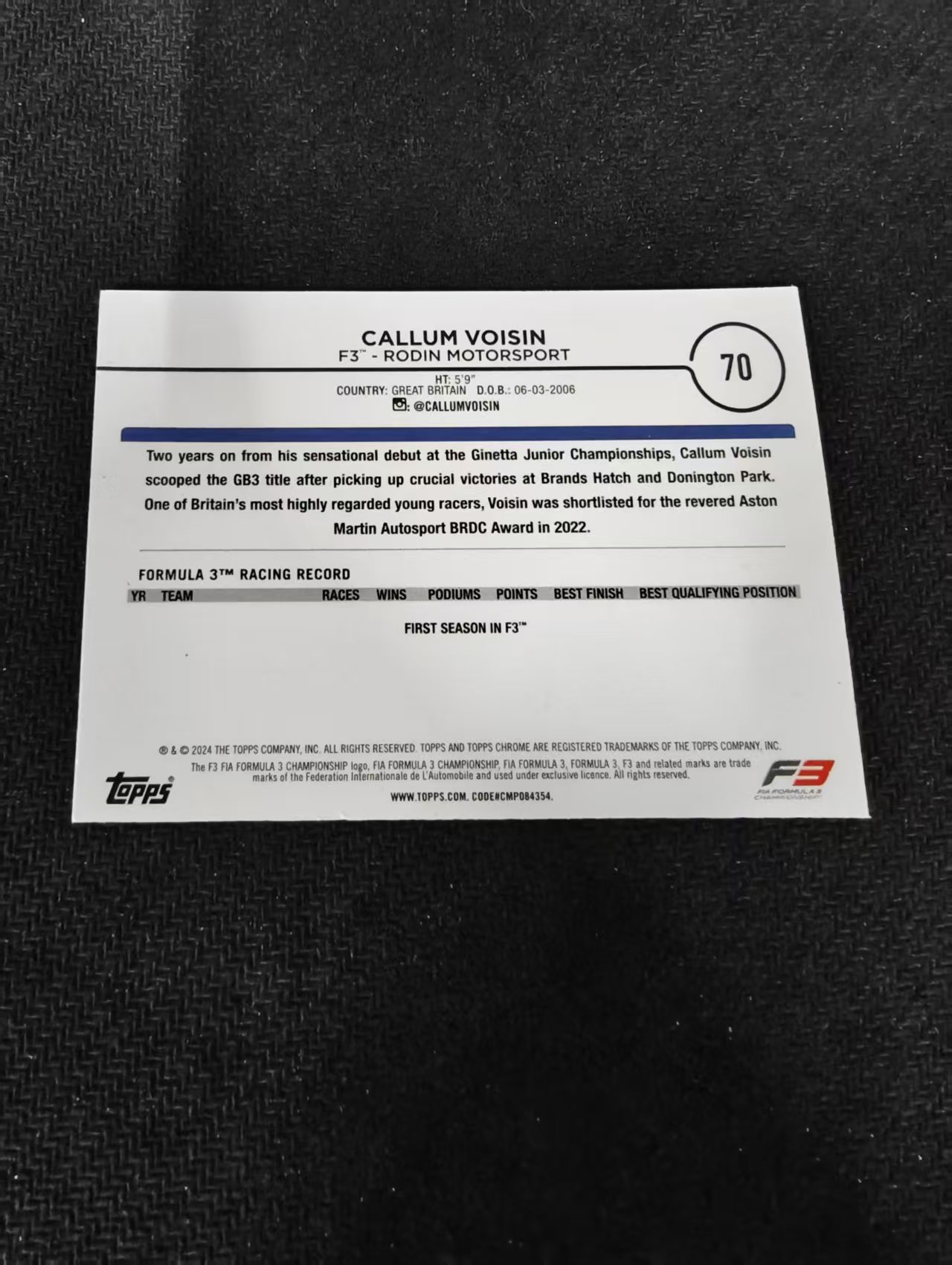 2024 Topps Chrome F1 Callum Voisin 卡鲁姆 沃伊辛 F3 划痕 边角瑕疵 #70