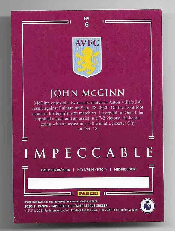 2020-21 Panini Impeccable John McGinn (鸿英收藏社)2020-21 Panini 英超 小真金 阿斯顿维拉 麦金 35编 球星卡 02/35