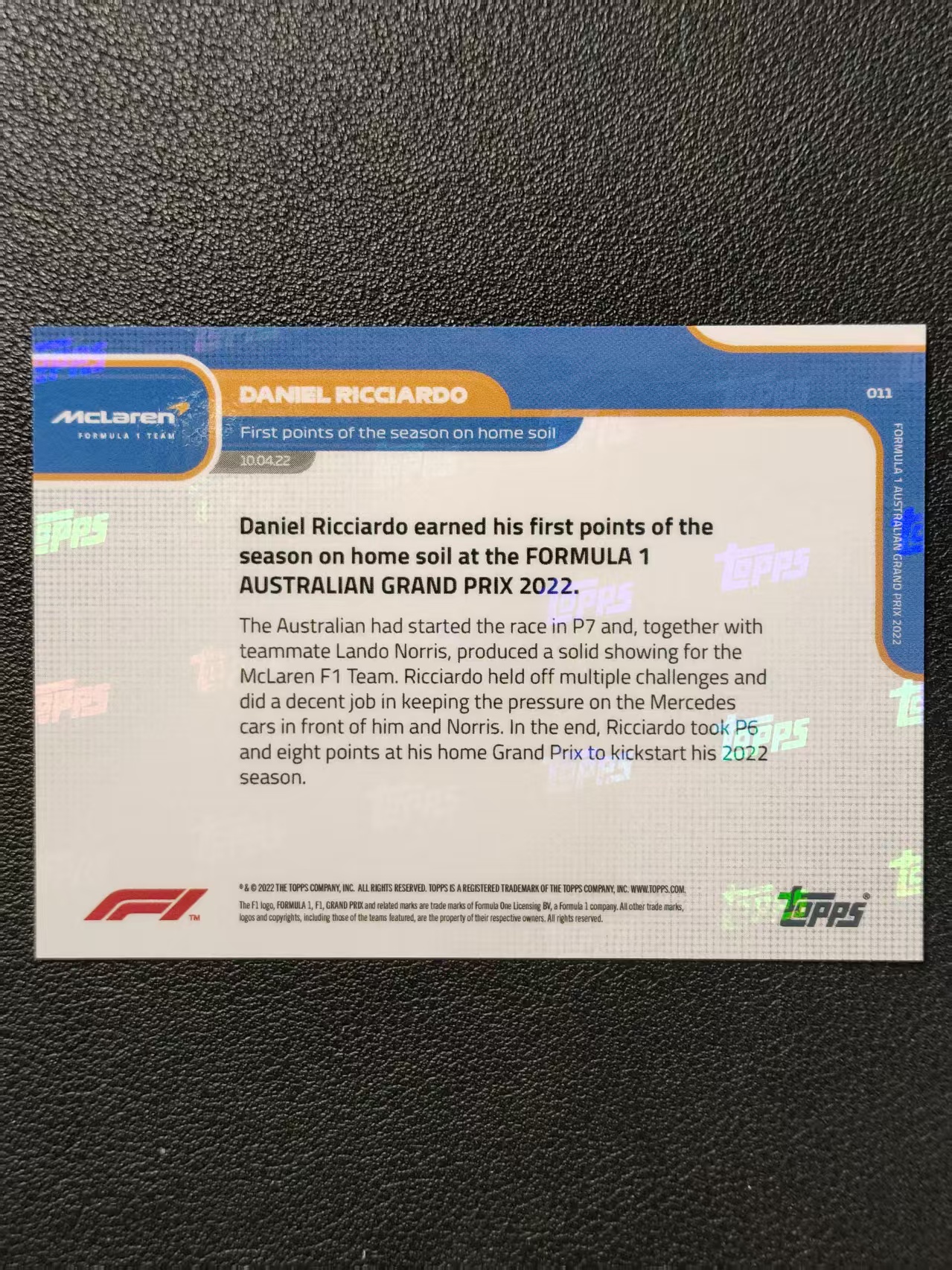2022 Topps Now F1 Daniel Ricciardo 里卡多 迈凯伦 卡品细节如图 出价前请仔细阅读描述 XY87