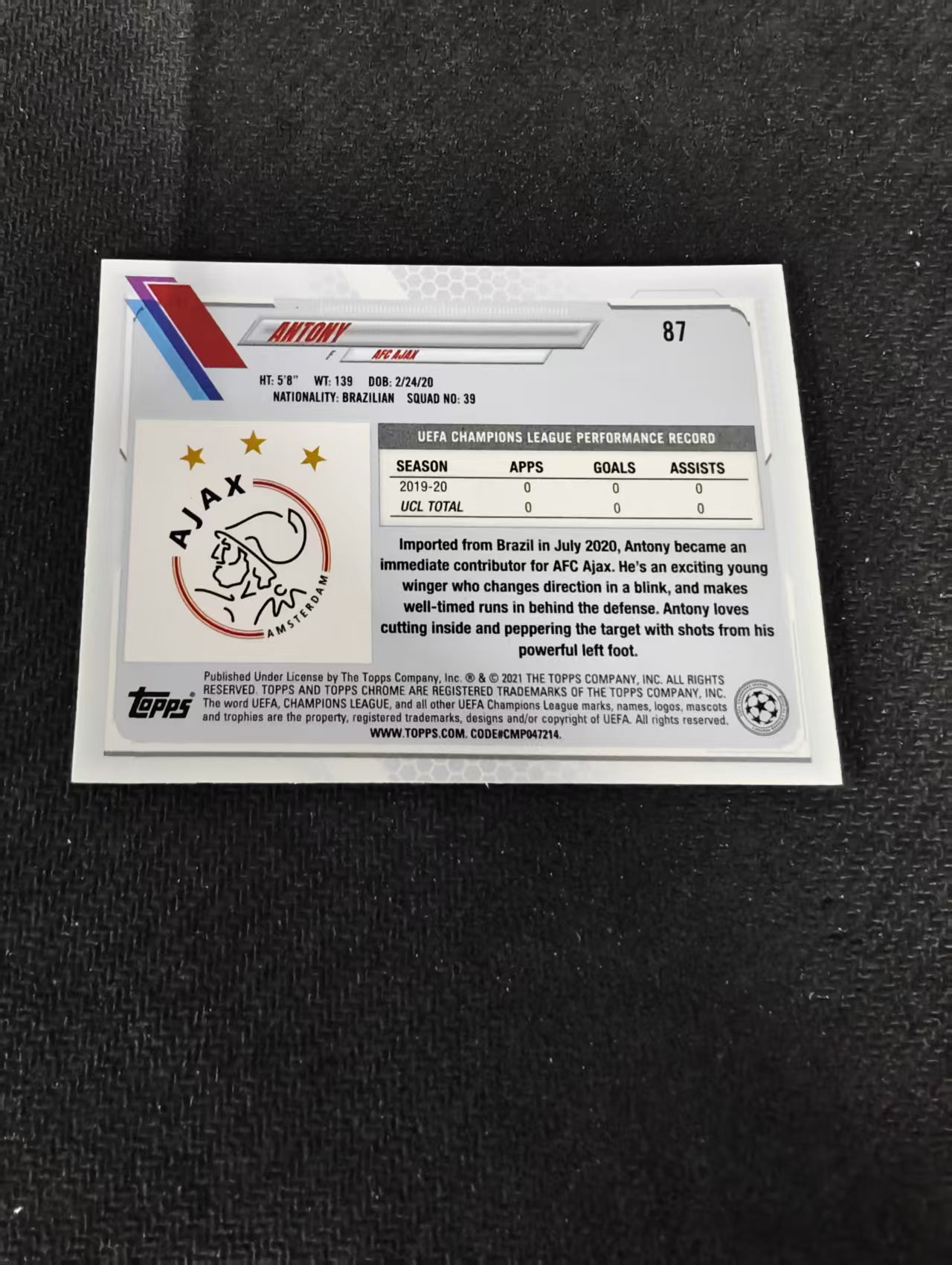 【可合并,不累计】2021 Topps chrome Antony RC 安东尼 阿贾克斯 新秀 欧冠 蓝宝石 蓝碎冰折 #87 划痕 边角瑕疵
