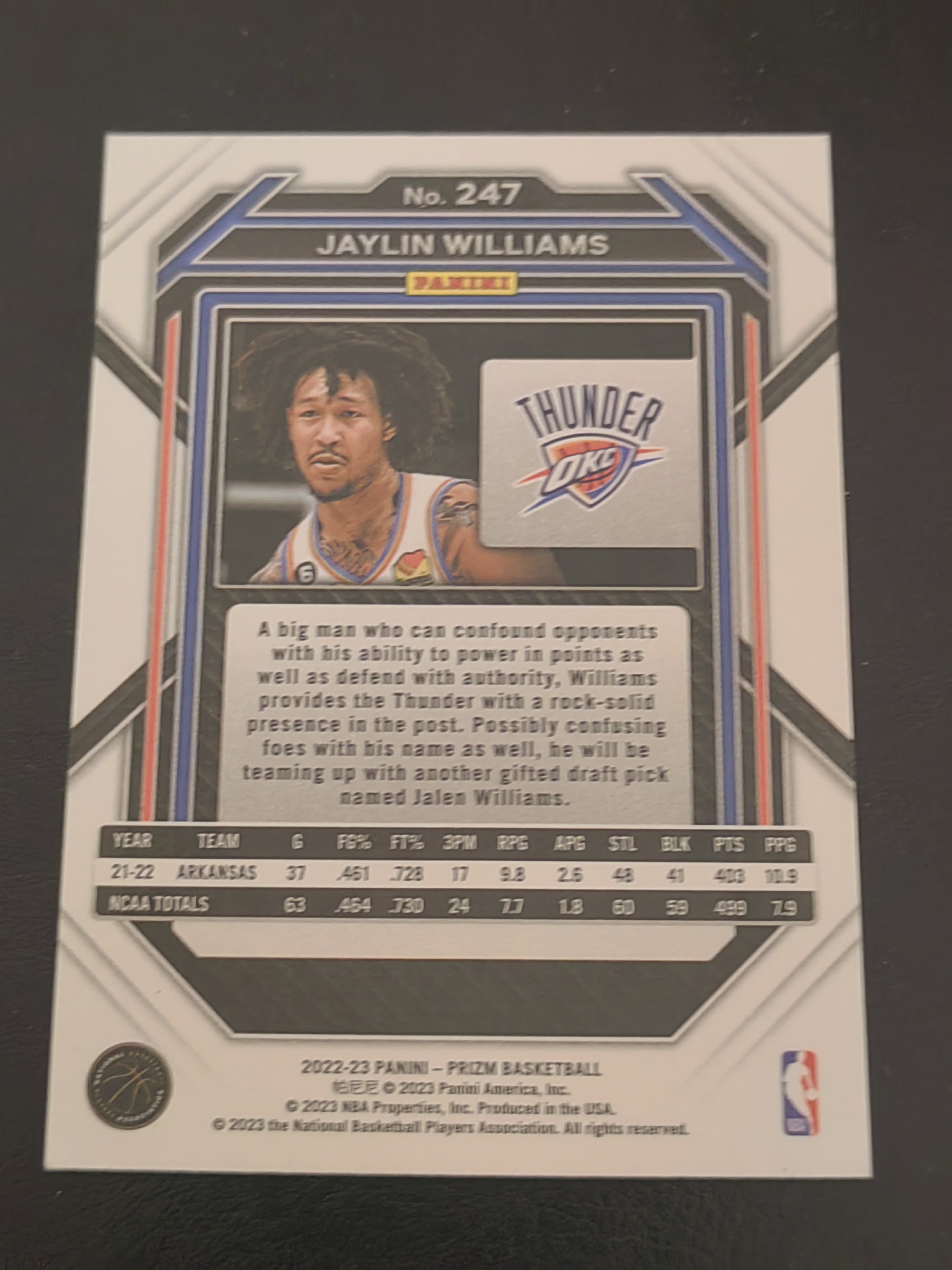2022-23 Panini PRIZM Jalen Williams RC PZ 杰伦・威廉姆斯 新秀 雷霆 篮 凑套 白边白角 不保卡品 卡品如图