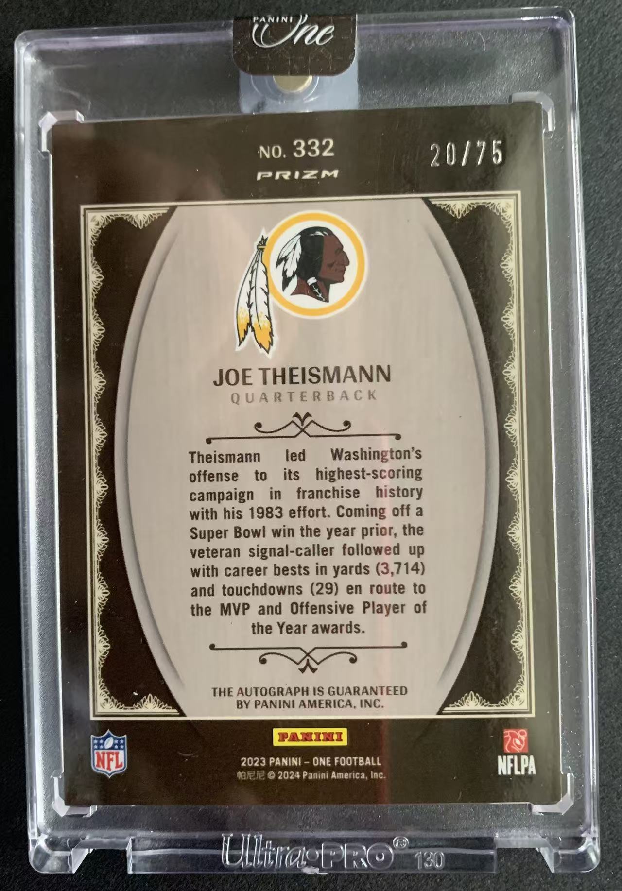 【瞳瞳代卖】2023 Panini One NFL 橄榄球 乔 塞斯曼 Joe Theismann 75编 签字 球星卡 1次超级碗冠军 1次MVP 1次年度最佳进攻球员 2次职业碗 名人堂成员