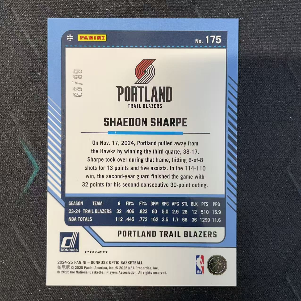 2024-25 Panini Donruss Shaedon Sharpe 【阿福代卖】谢登 夏普 开拓者 杜蕾斯op 红金圈圈折 99编 收藏必备(行行行A)