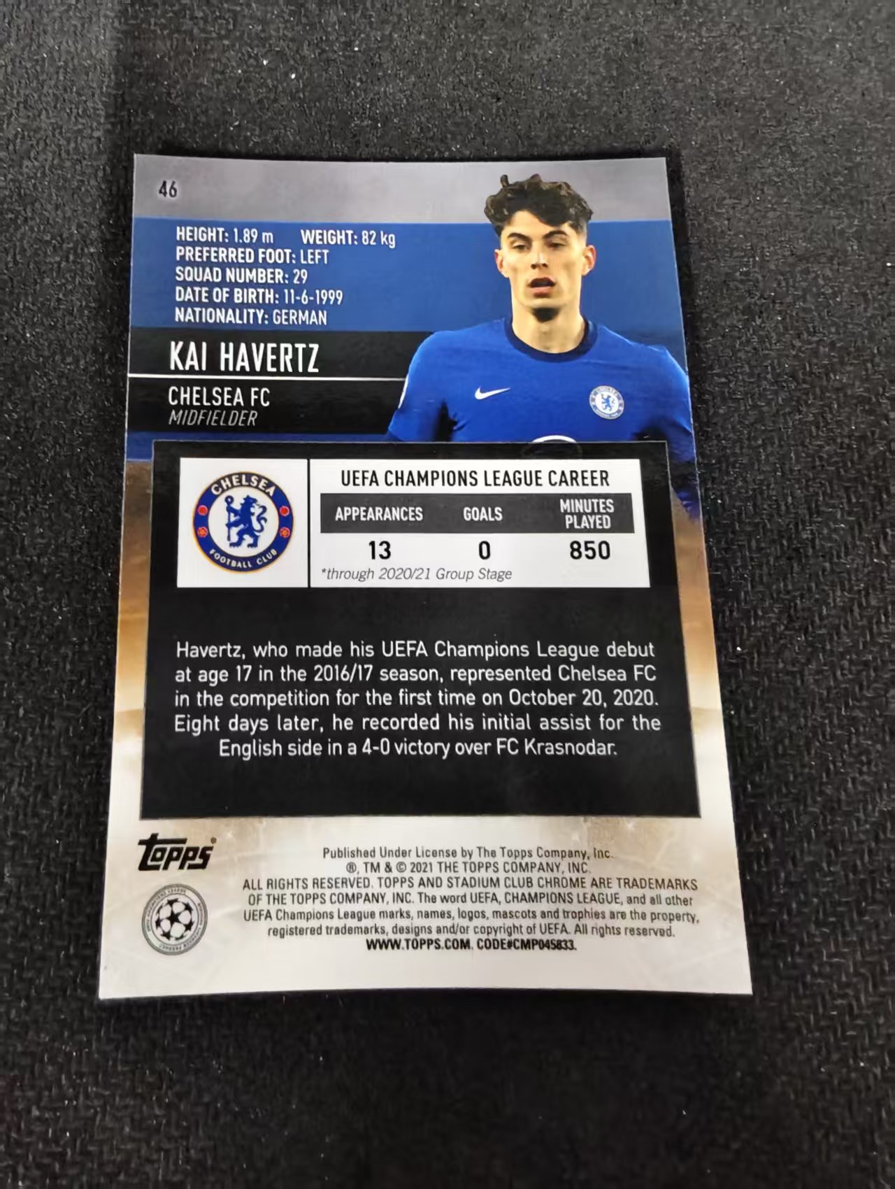 【可合并,不累计】2021 Topps Stadium Club Chrome Kai Havertz 切尔西 哈弗茨 竞技场 欧冠 划痕 边角瑕疵 #46