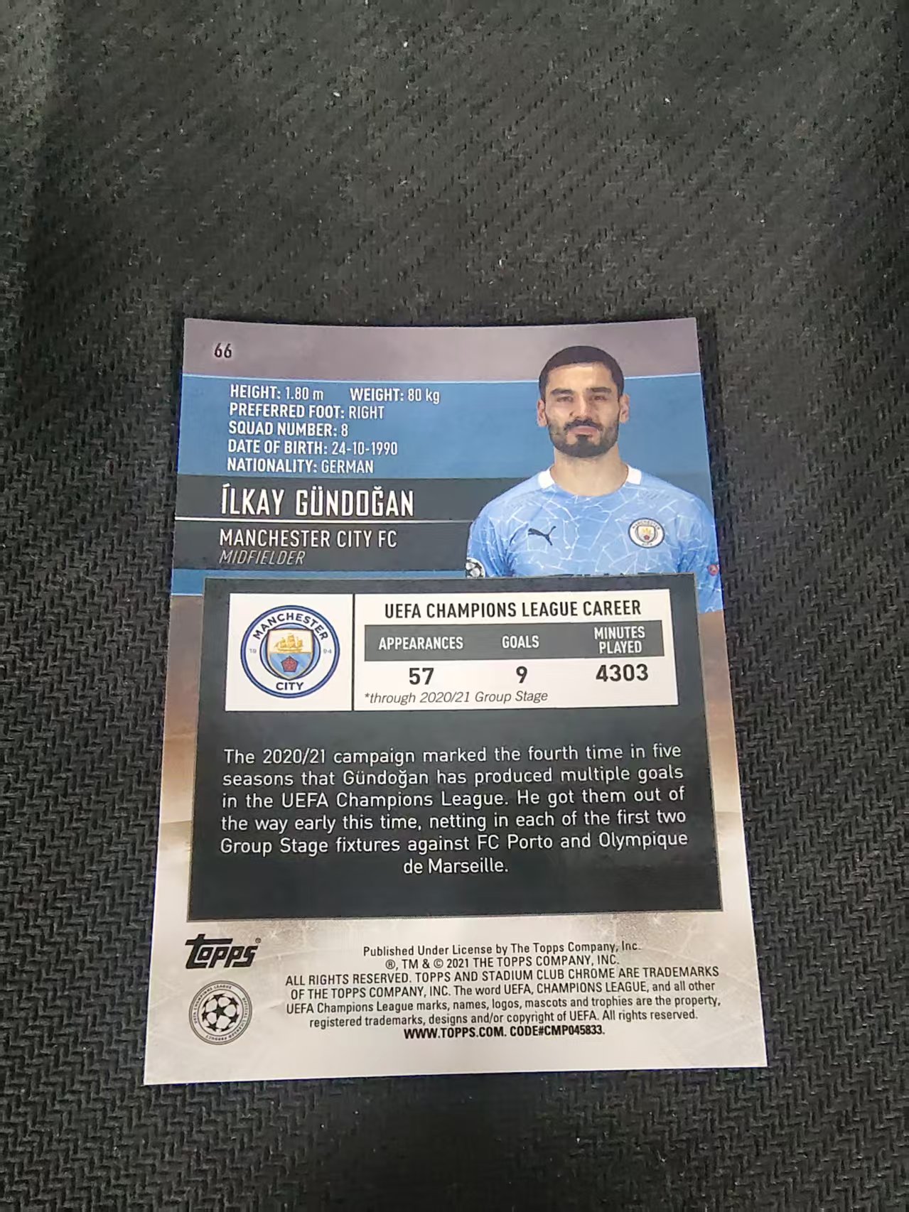【可合并,不累计】2021 Topps Stadium Club Chrome İlkay Gündoğan 曼城 京多安 竞技场 欧冠 划痕 边角瑕疵 #66