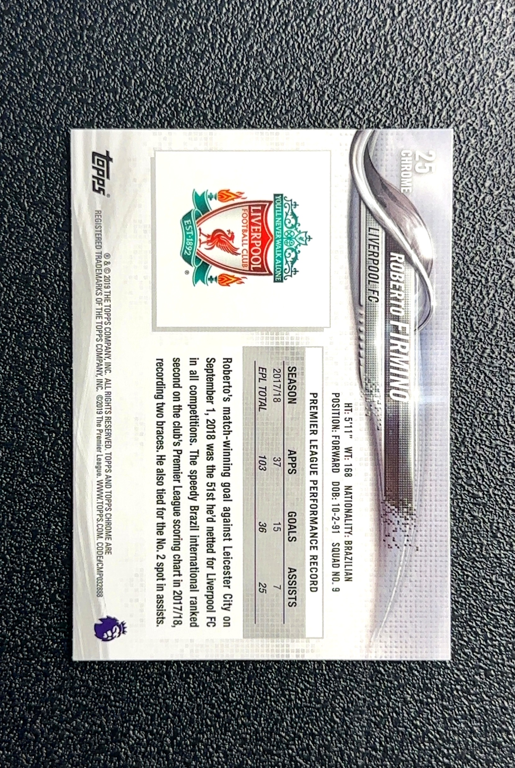 【大鱼】2019 Topps Chrome Roberto Firmino 罗伯托·菲尔米诺 卡品如图 高价值 #25 Liverpool FC 利物浦足球俱乐部 0028#516